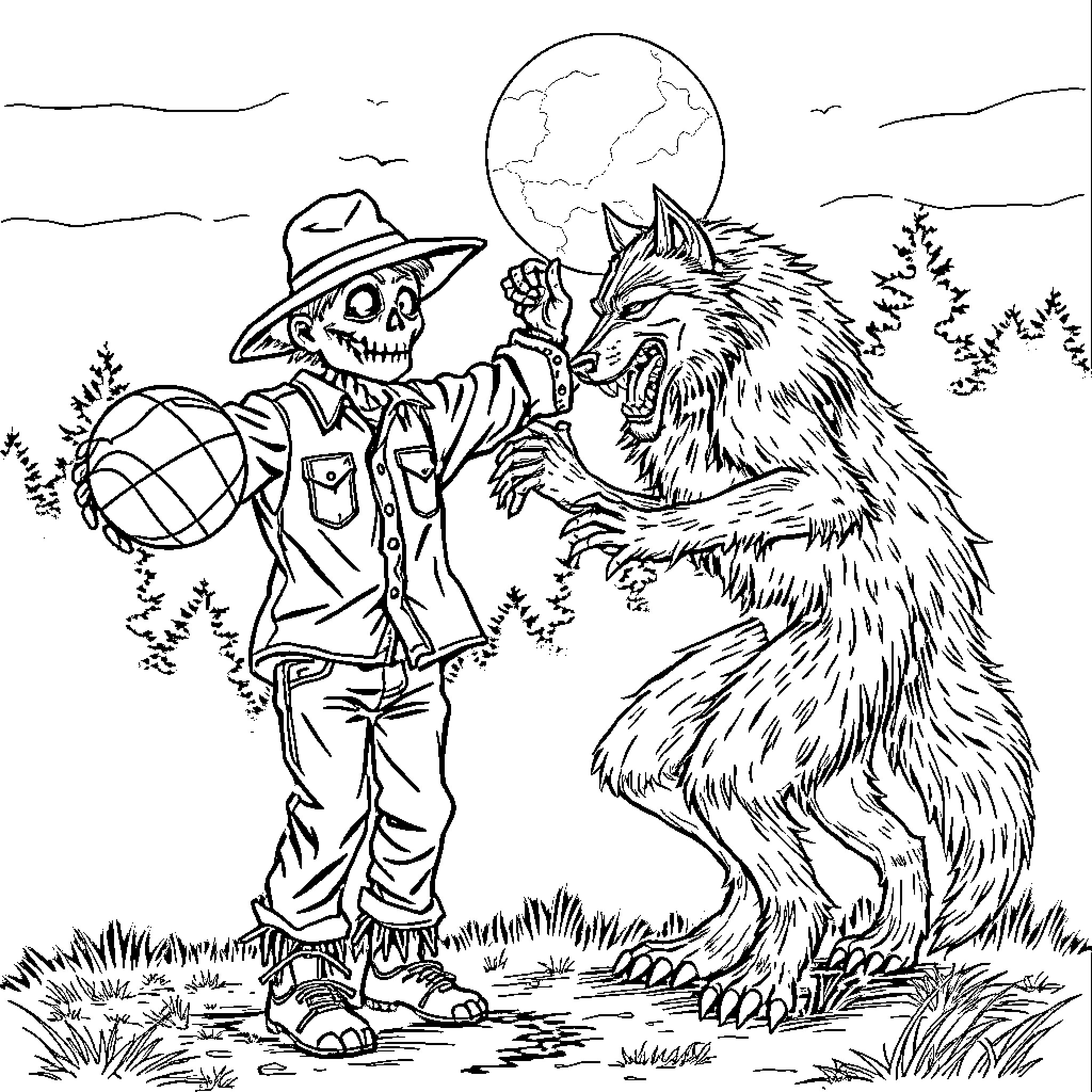 Scarecrow confronting a ferocious wolf under the moonlight Coloring Page (free black-and-white line drawing printable PDF for all, from beginners to advanced learners, including children, teens, adults, and seniors)