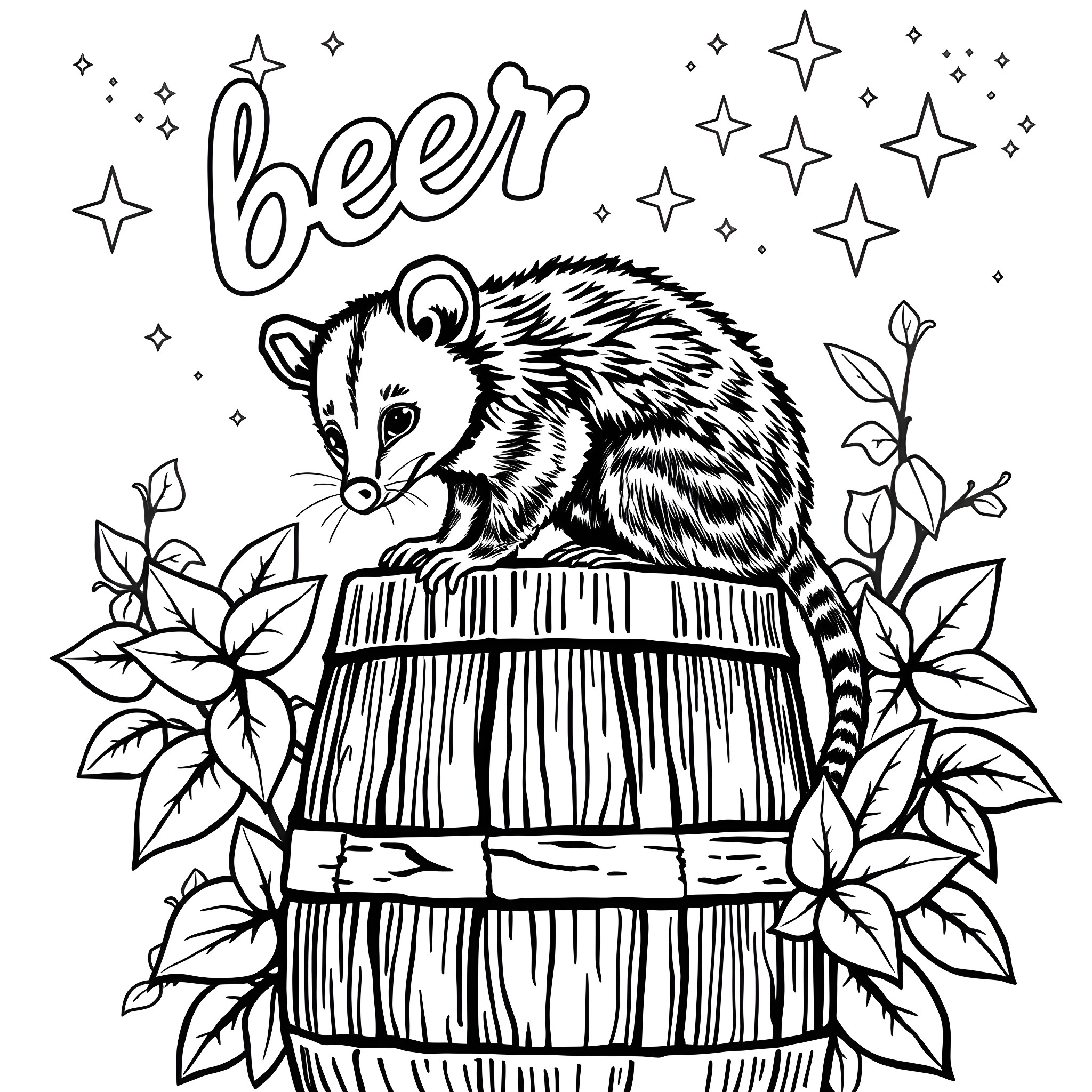 Possum sitting on a beer barrel with leaves Coloring Page (free black-and-white line drawing printable PDF for all, from beginners to advanced learners, including children, teens, adults, and seniors)