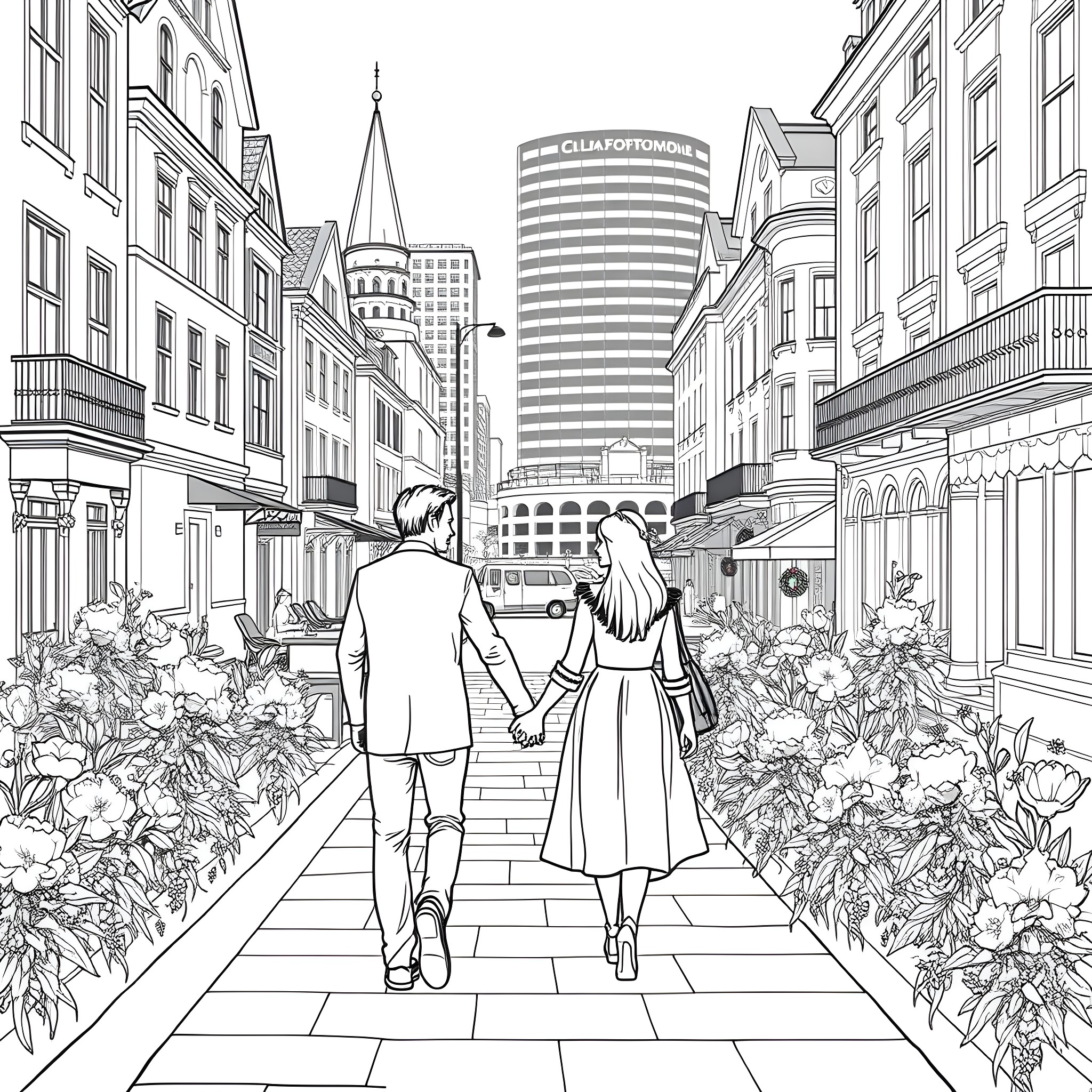 Couple strolling down a bustling city street Coloring Page (free black-and-white line drawing printable PDF for all, from beginners to advanced learners, including children, teens, adults, and seniors)