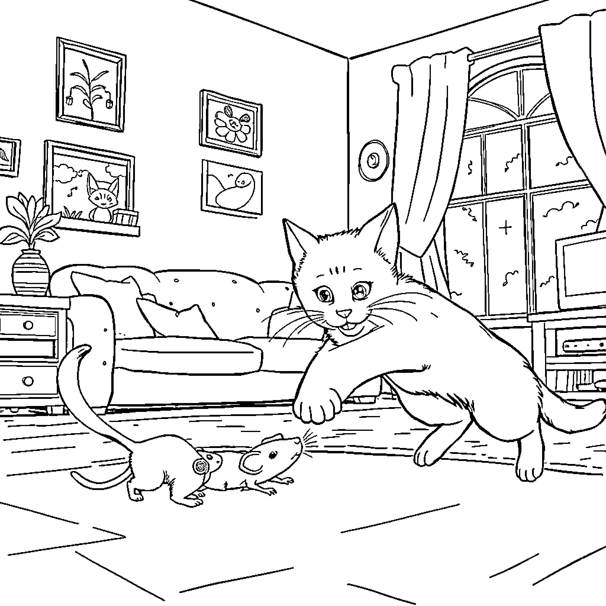 Cat enjoying cozy indoor scene with small companion Coloring Page (free black-and-white line drawing printable PDF for all, from beginners to advanced learners, including children, teens, adults, and seniors)