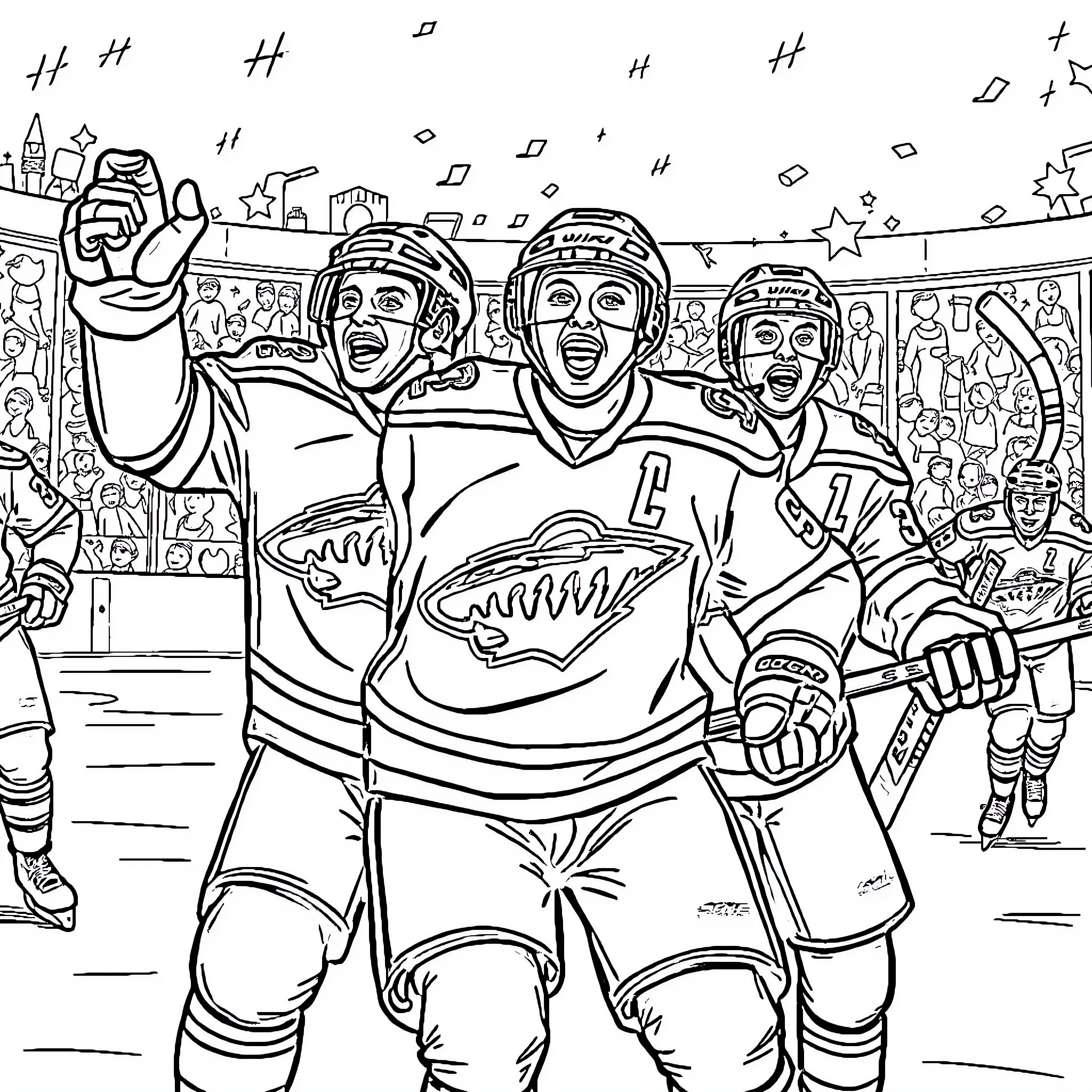 Hockey Players Celebrating Victory on the Ice Coloring Page (free black-and-white line drawing printable PDF for all, from beginners to advanced learners, including children, teens, adults, and seniors)