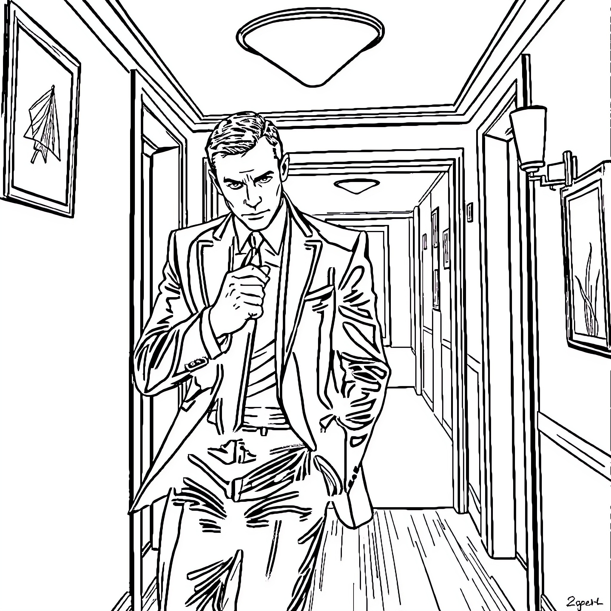 James Bond sneaking through a hotel hallway Coloring Page (free black-and-white line drawing printable PDF for all, from beginners to advanced learners, including children, teens, adults, and seniors)