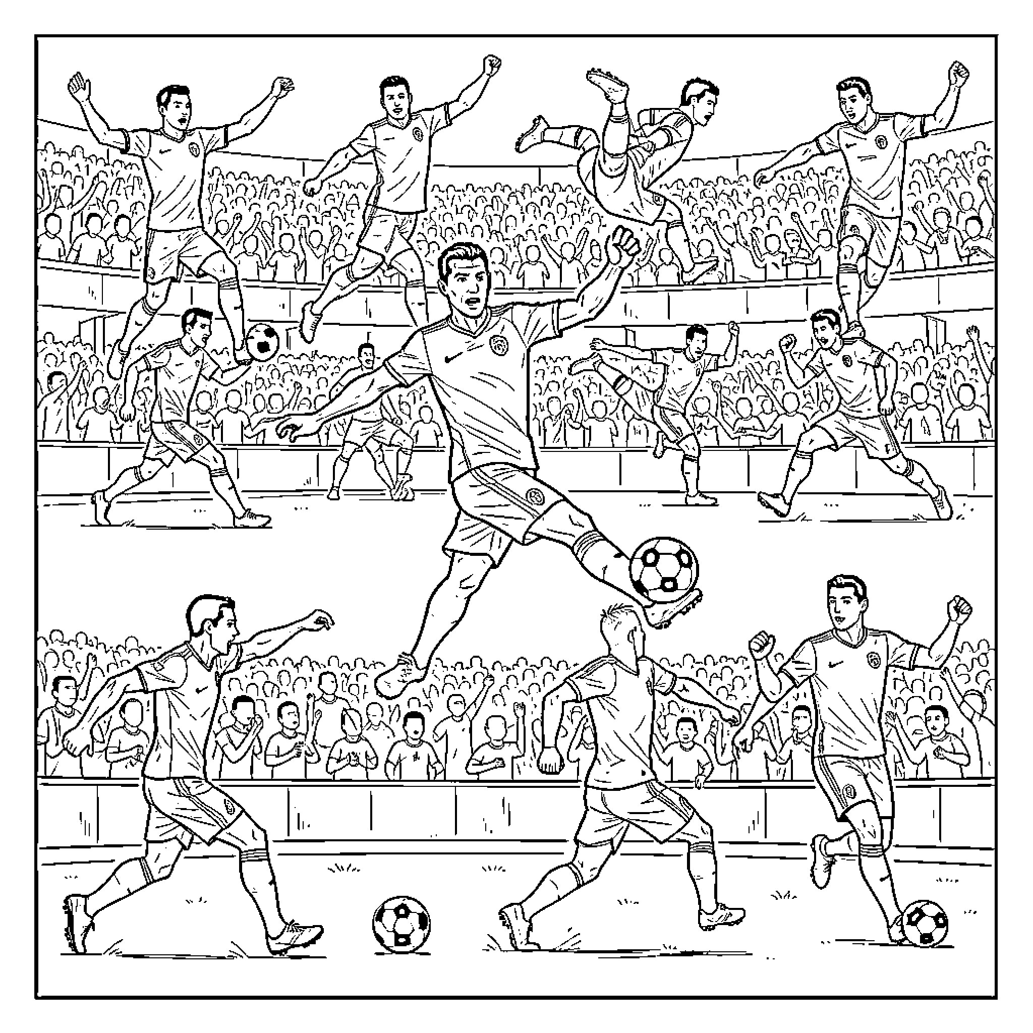 Ronaldo performing dynamic football skills on the field Coloring Page (free black-and-white line drawing printable PDF for all, from beginners to advanced learners, including children, teens, adults, and seniors)