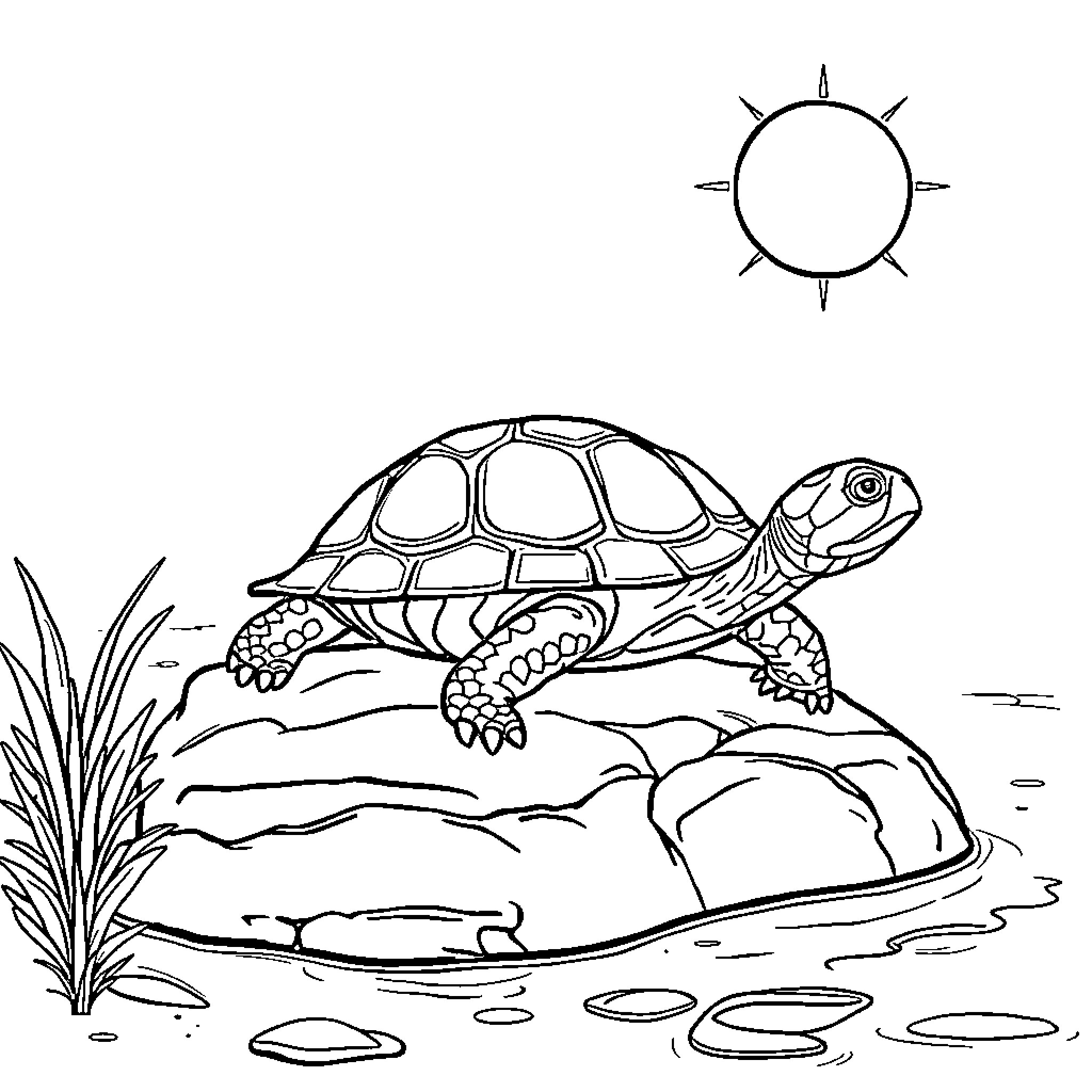 Turtle resting peacefully on a rock Coloring Page (free black-and-white line drawing printable PDF for all, from beginners to advanced learners, including children, teens, adults, and seniors)