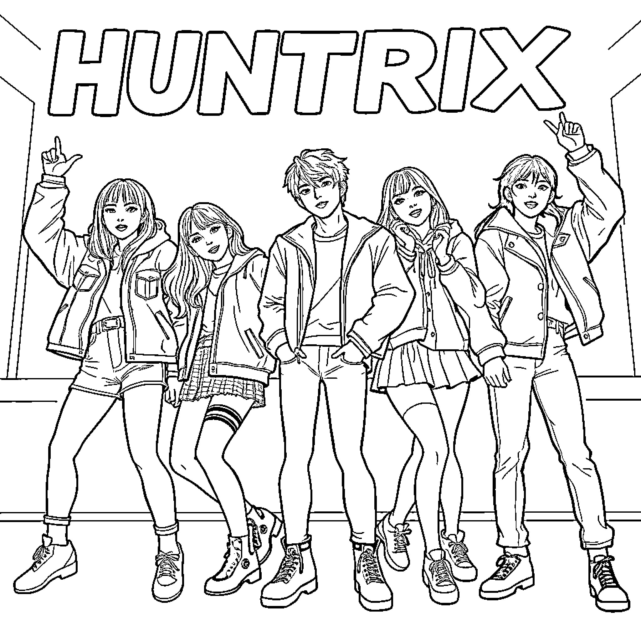 Huntrix - Teenage Friends Striking Confident Poses Coloring Page (free black-and-white line drawing printable PDF for all, from beginners to advanced learners, including children, teens, adults, and seniors)