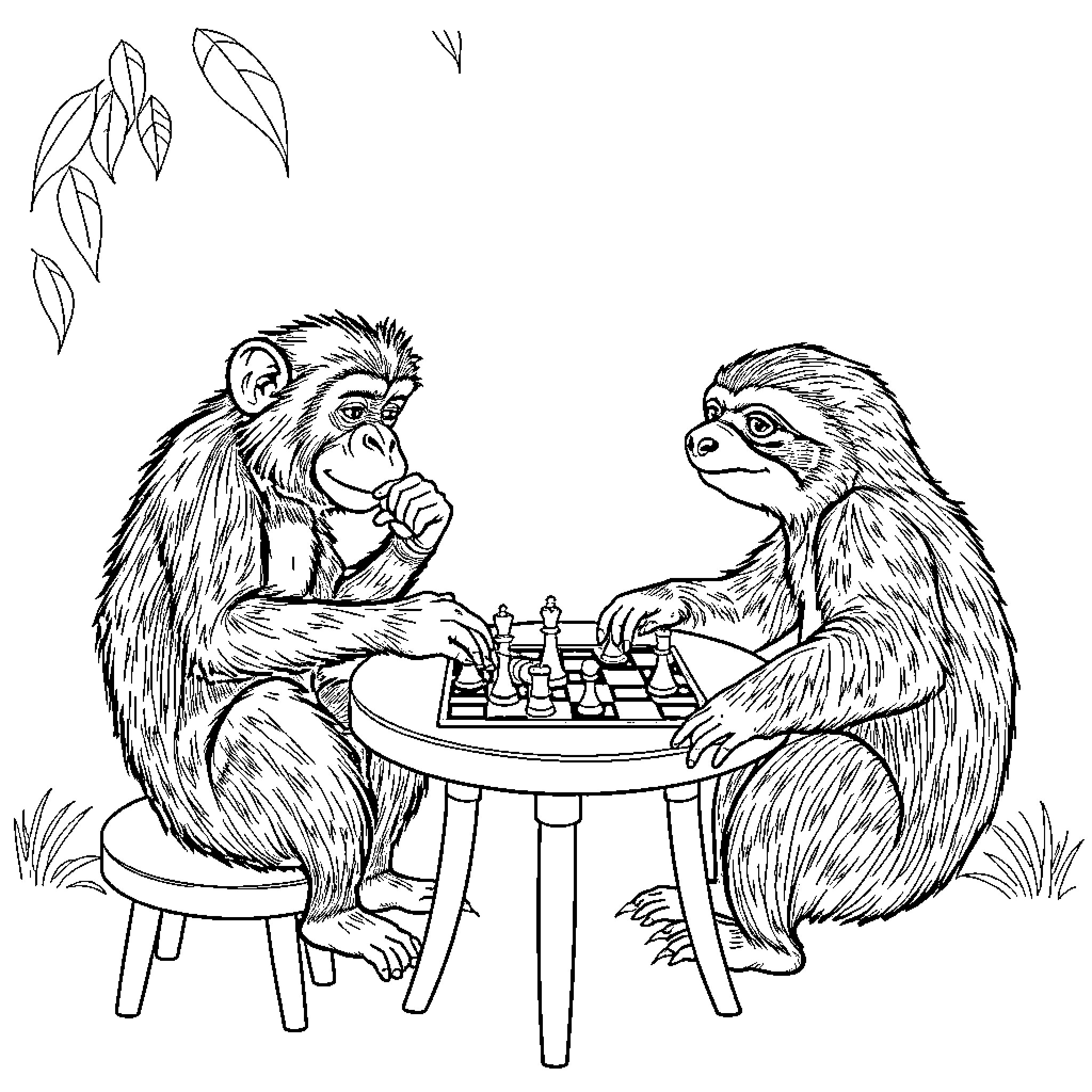 Monkey friends playing chess in nature Coloring Page (free black-and-white line drawing printable PDF for all, from beginners to advanced learners, including children, teens, adults, and seniors)