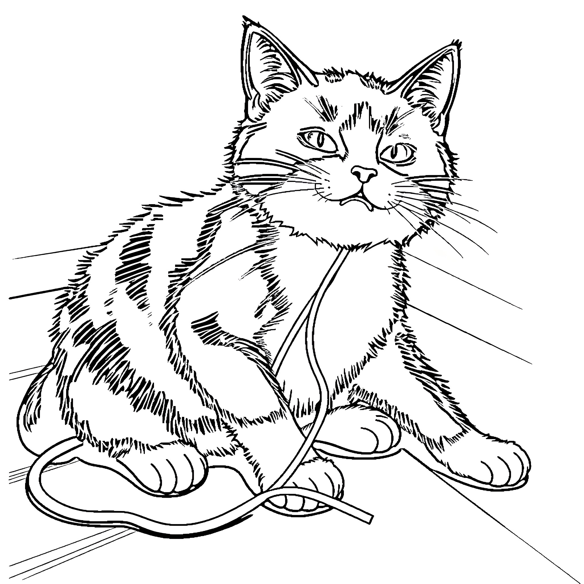 Cat in a Playful Pose Coloring Page (free black-and-white line drawing printable PDF for all, from beginners to advanced learners, including children, teens, adults, and seniors)