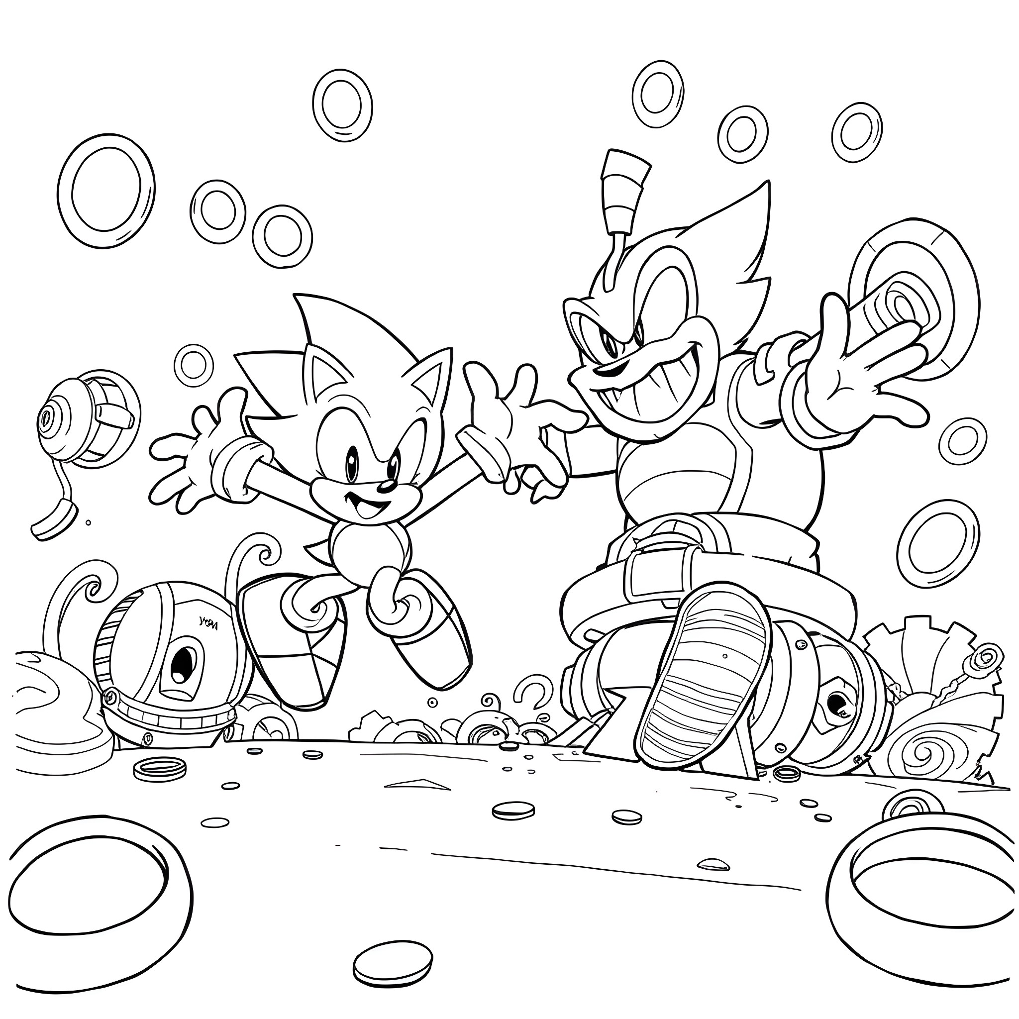 Sonic and friends in a whimsical underwater adventure Coloring Page (free black-and-white line drawing printable PDF for all, from beginners to advanced learners, including children, teens, adults, and seniors)