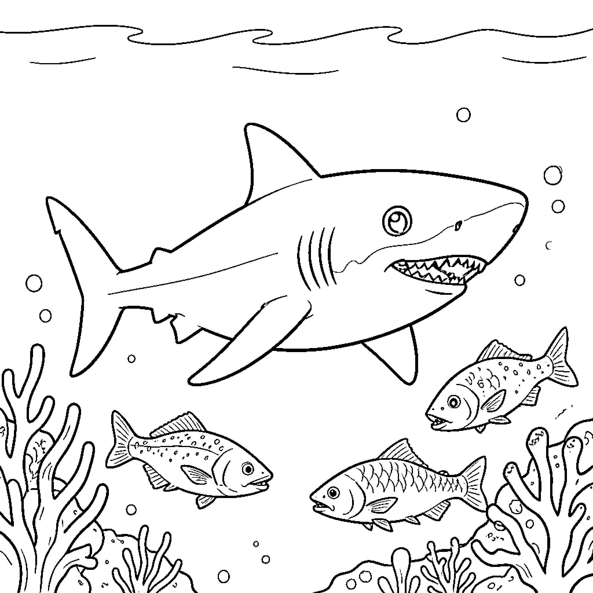 Shark swimming among colorful fish in the ocean Coloring Page (free black-and-white line drawing printable PDF for all, from beginners to advanced learners, including children, teens, adults, and seniors)
