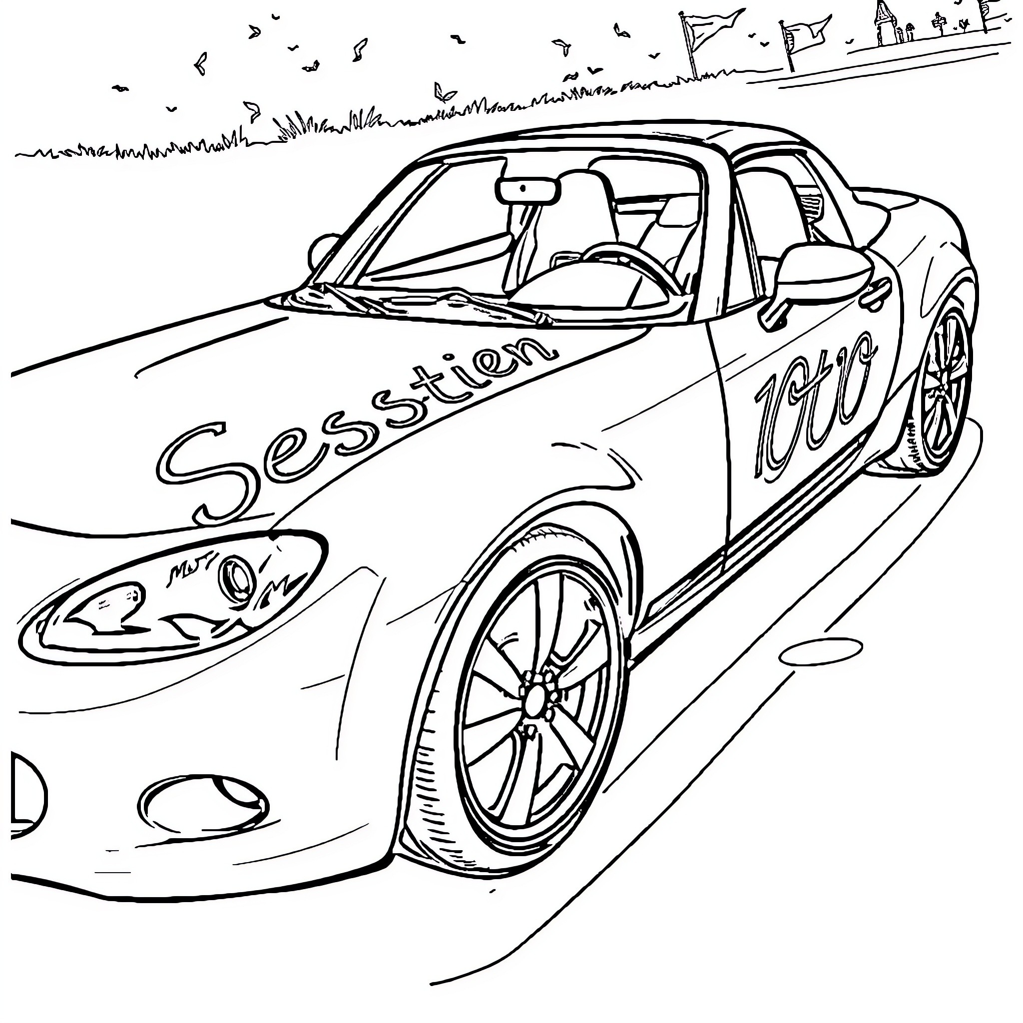 Mazda MX5 racing on the track Coloring Page (free black-and-white line drawing printable PDF for all, from beginners to advanced learners, including children, teens, adults, and seniors)