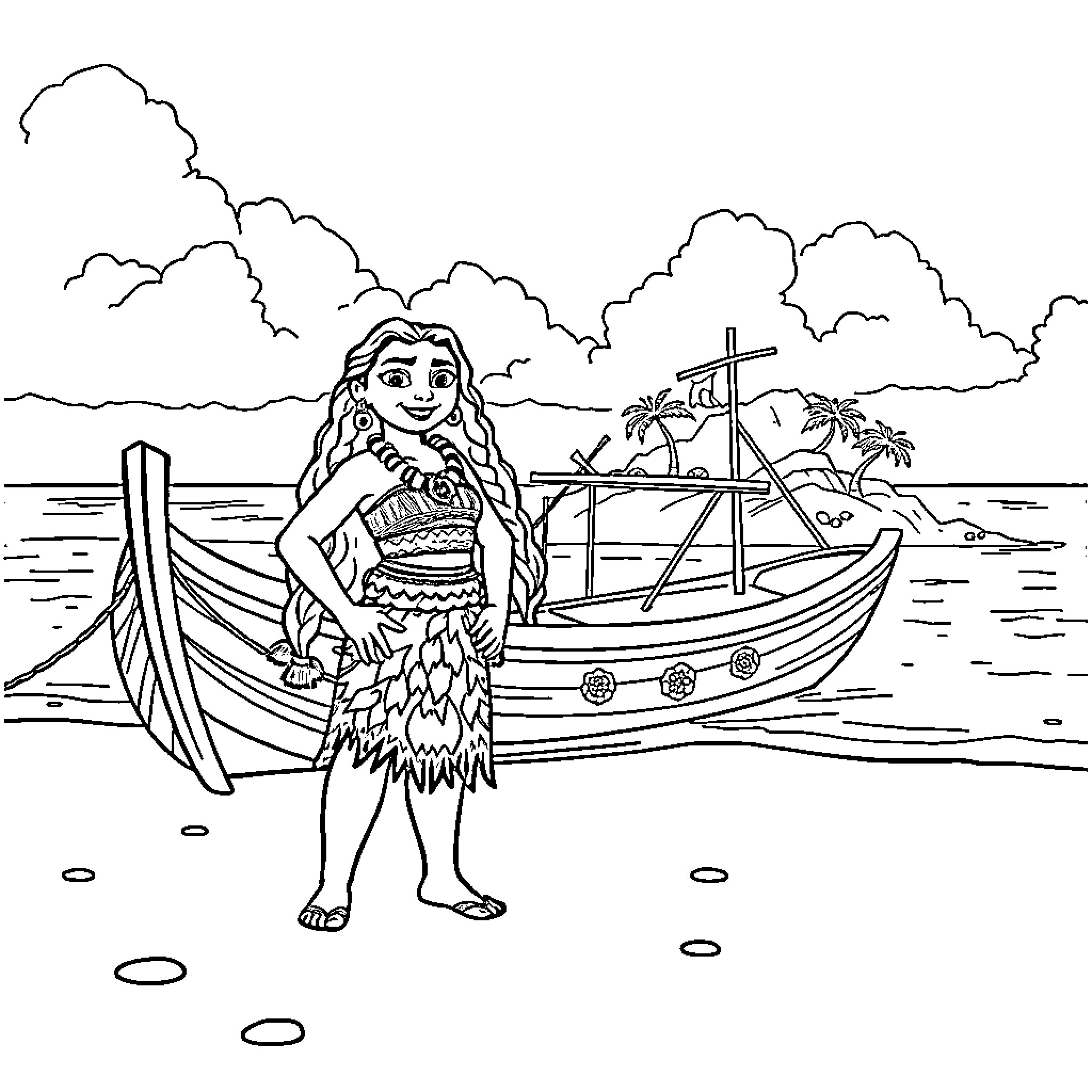 Moana on a boat adventure with Maui Coloring Page (free black-and-white line drawing printable PDF for all, from beginners to advanced learners, including children, teens, adults, and seniors)