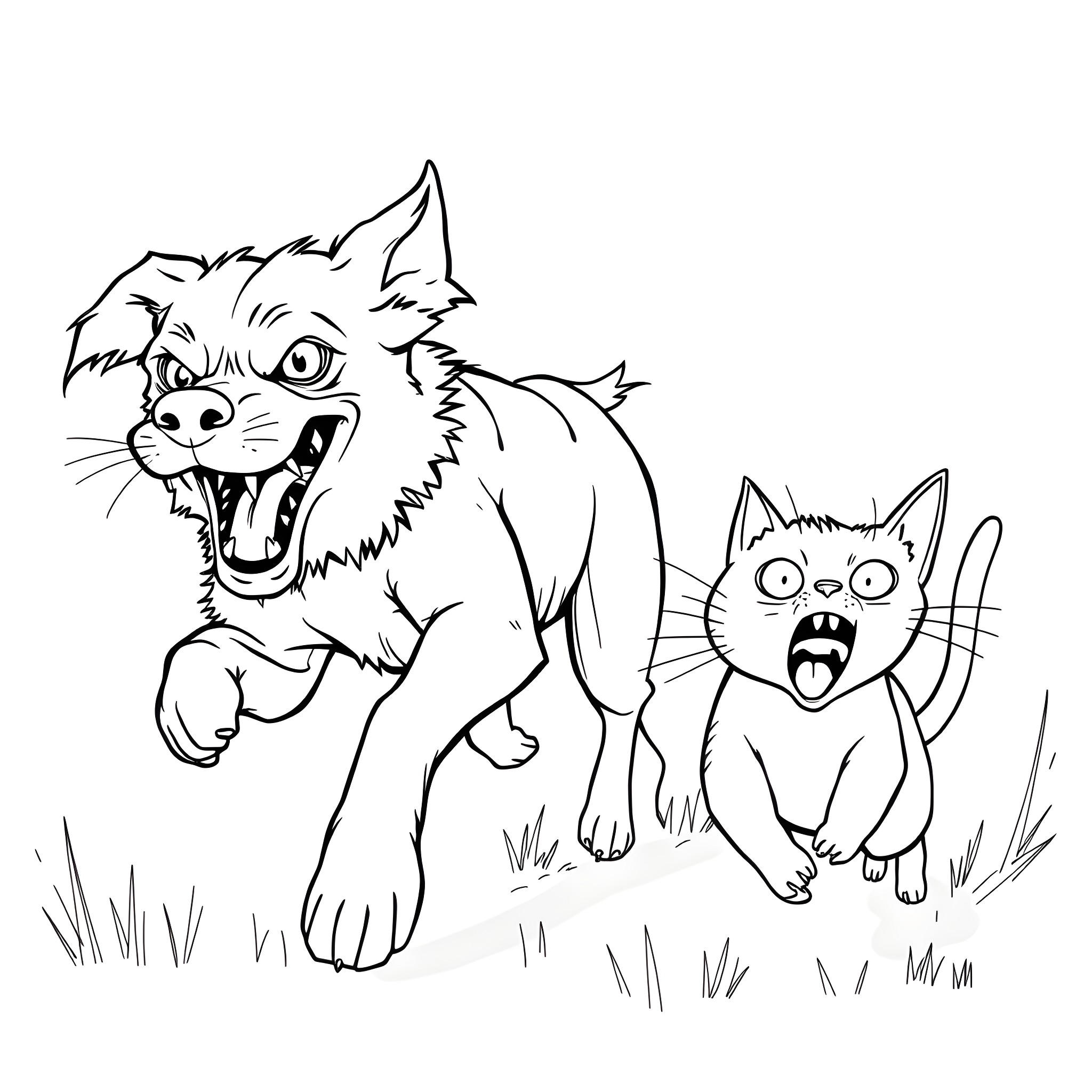 Dog and cat in a tense standoff Coloring Page (free black-and-white line drawing printable PDF for all, from beginners to advanced learners, including children, teens, adults, and seniors)
