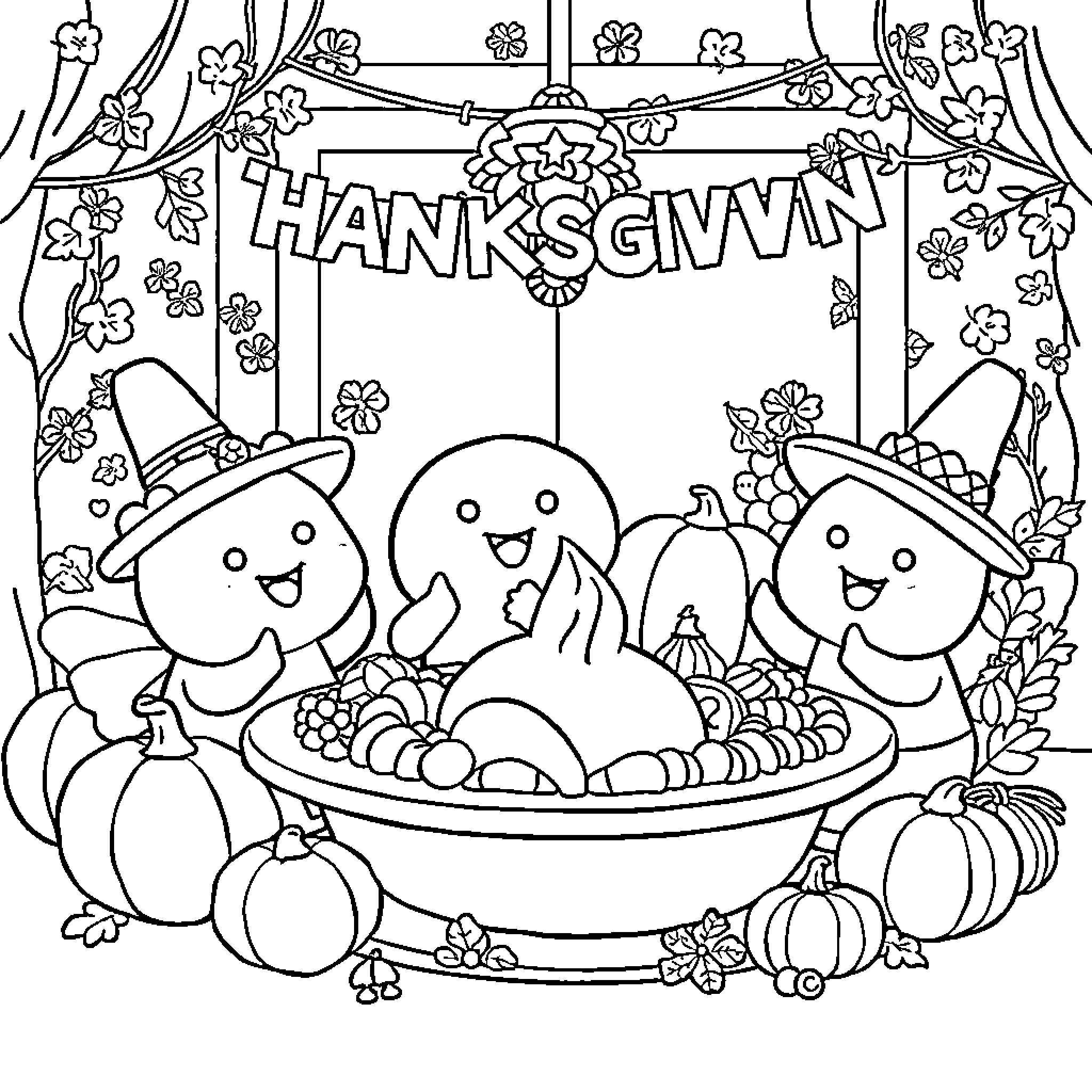Cocomelon Thanksgiving Celebration with Characters Coloring Page (free black-and-white line drawing printable PDF for all, from beginners to advanced learners, including children, teens, adults, and seniors)