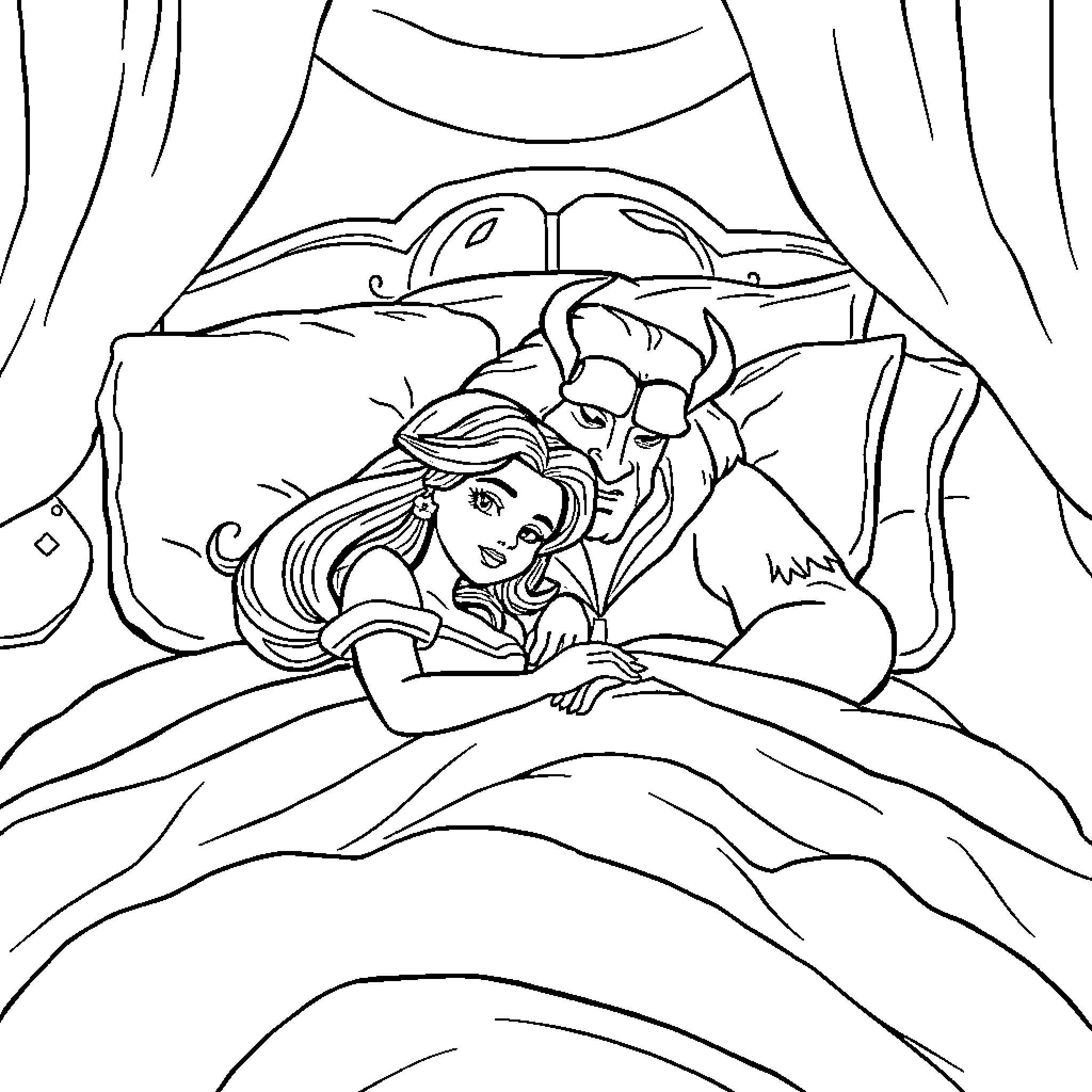 Beauty And The Beast resting together in bed Coloring Page (free black-and-white line drawing printable PDF for all, from beginners to advanced learners, including children, teens, adults, and seniors)