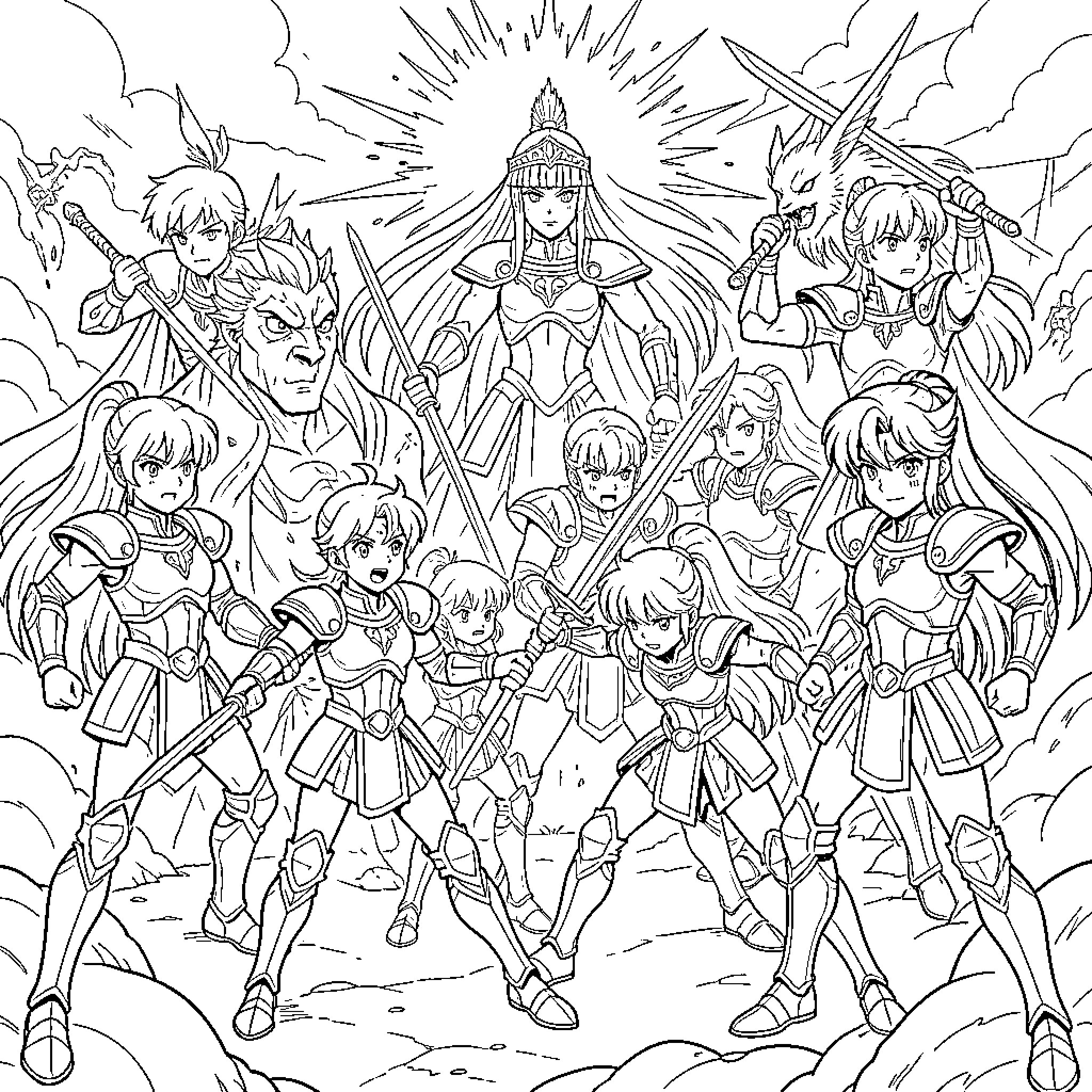 Saint Seiya warriors in heroic battle poses Coloring Page (free black-and-white line drawing printable PDF for all, from beginners to advanced learners, including children, teens, adults, and seniors)