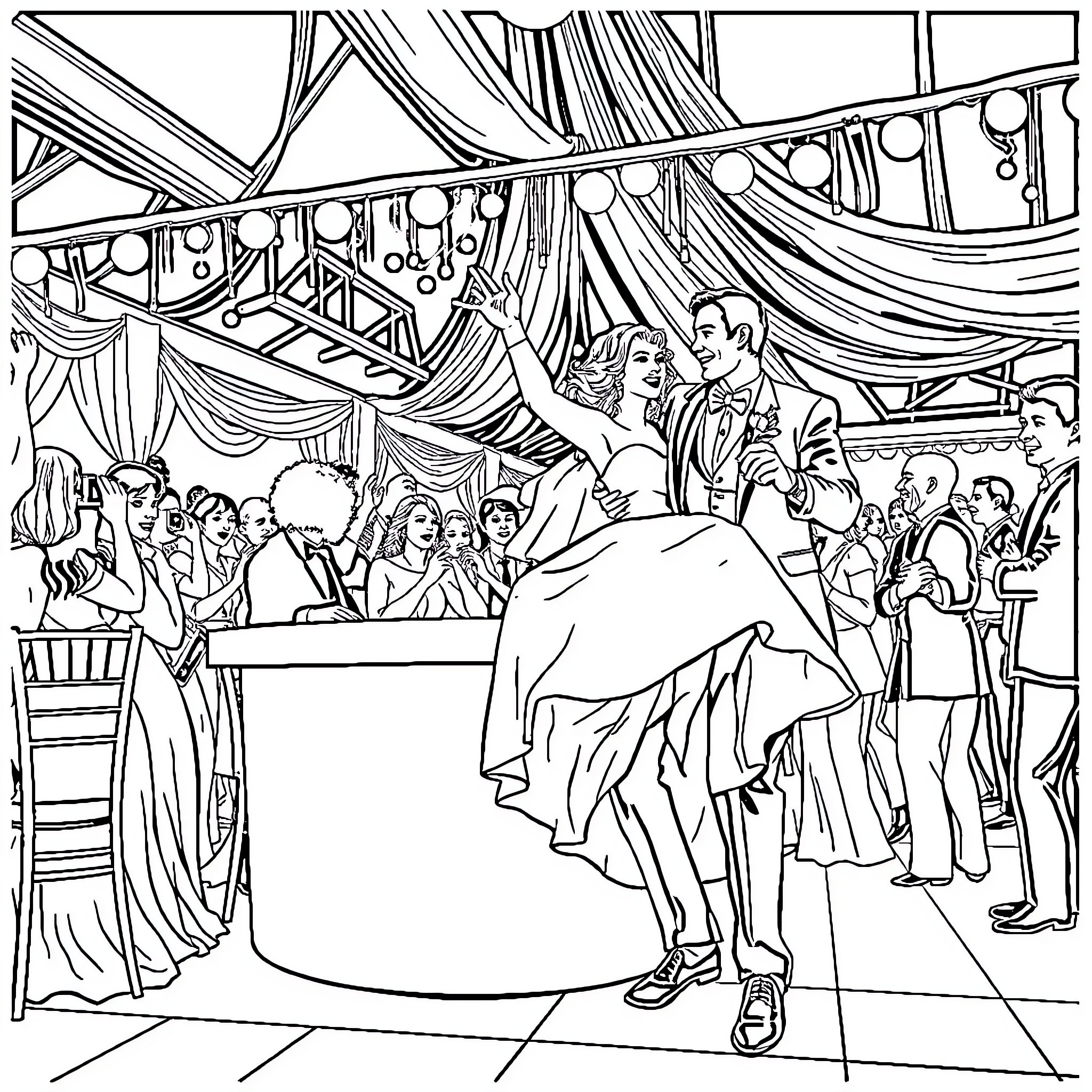 Bride and Groom Dancing at Formal Wedding Reception Coloring Page (free black-and-white line drawing printable PDF for all, from beginners to advanced learners, including children, teens, adults, and seniors)