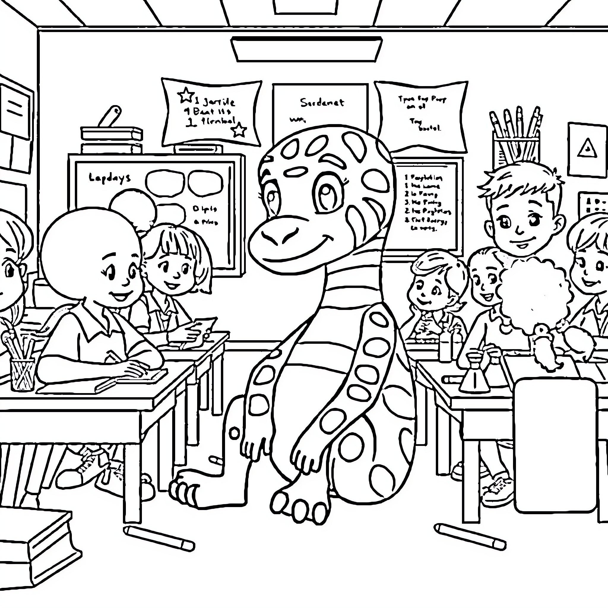 Labubu's Classroom Adventure Coloring Page (free black-and-white line drawing printable PDF for all, from beginners to advanced learners, including children, teens, adults, and seniors)