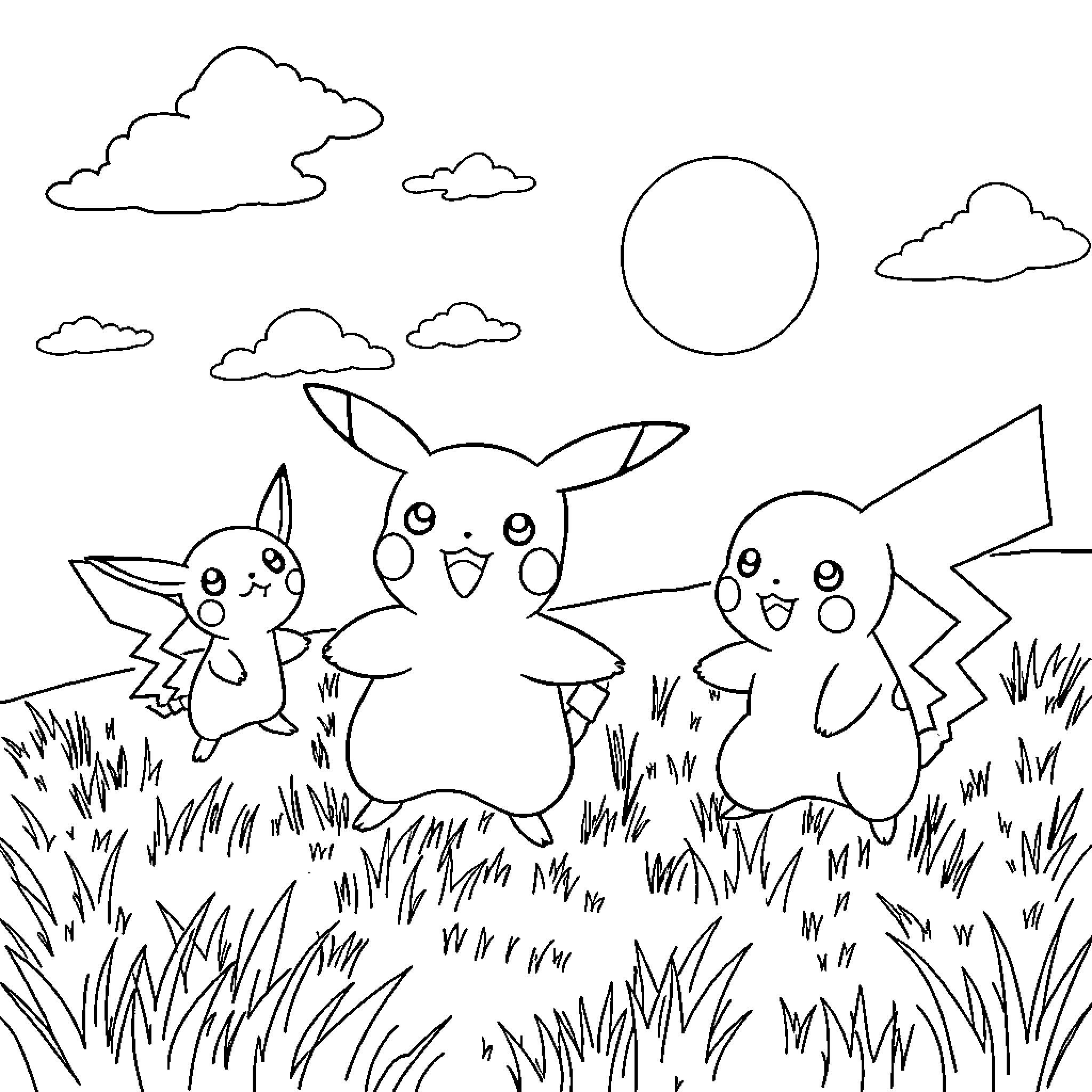 Pikachu playing happily with friends in the meadow Coloring Page (free black-and-white line drawing printable PDF for all, from beginners to advanced learners, including children, teens, adults, and seniors)