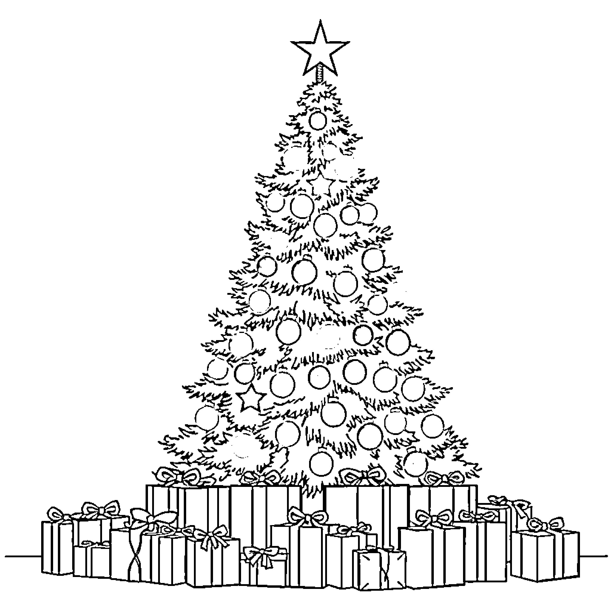 Christmas Tree Decorated with Ornaments and Presents Coloring Page (free black-and-white line drawing printable PDF for all, from beginners to advanced learners, including children, teens, adults, and seniors)
