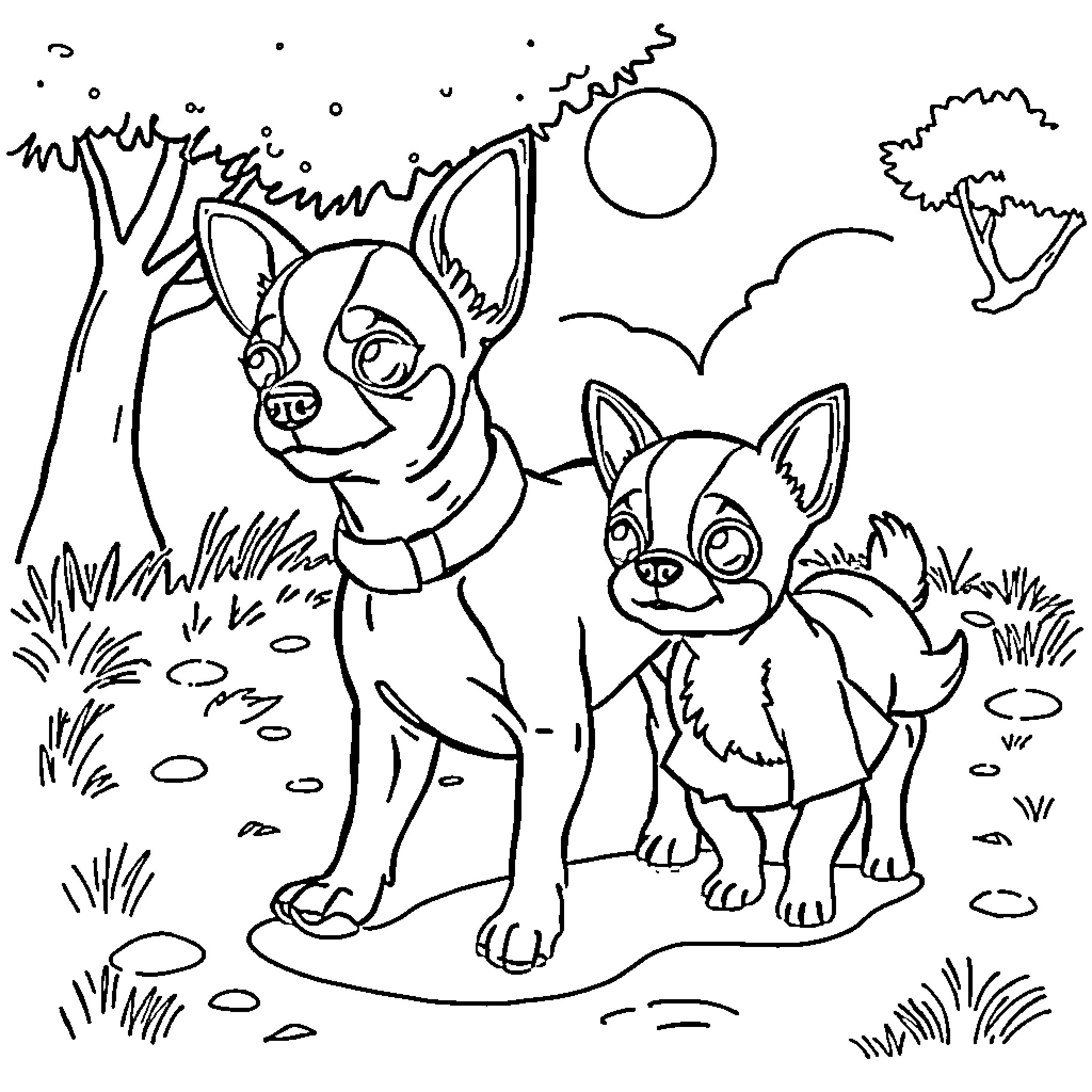 Chihuahua friends exploring the outdoors Coloring Page (free black-and-white line drawing printable PDF for all, from beginners to advanced learners, including children, teens, adults, and seniors)