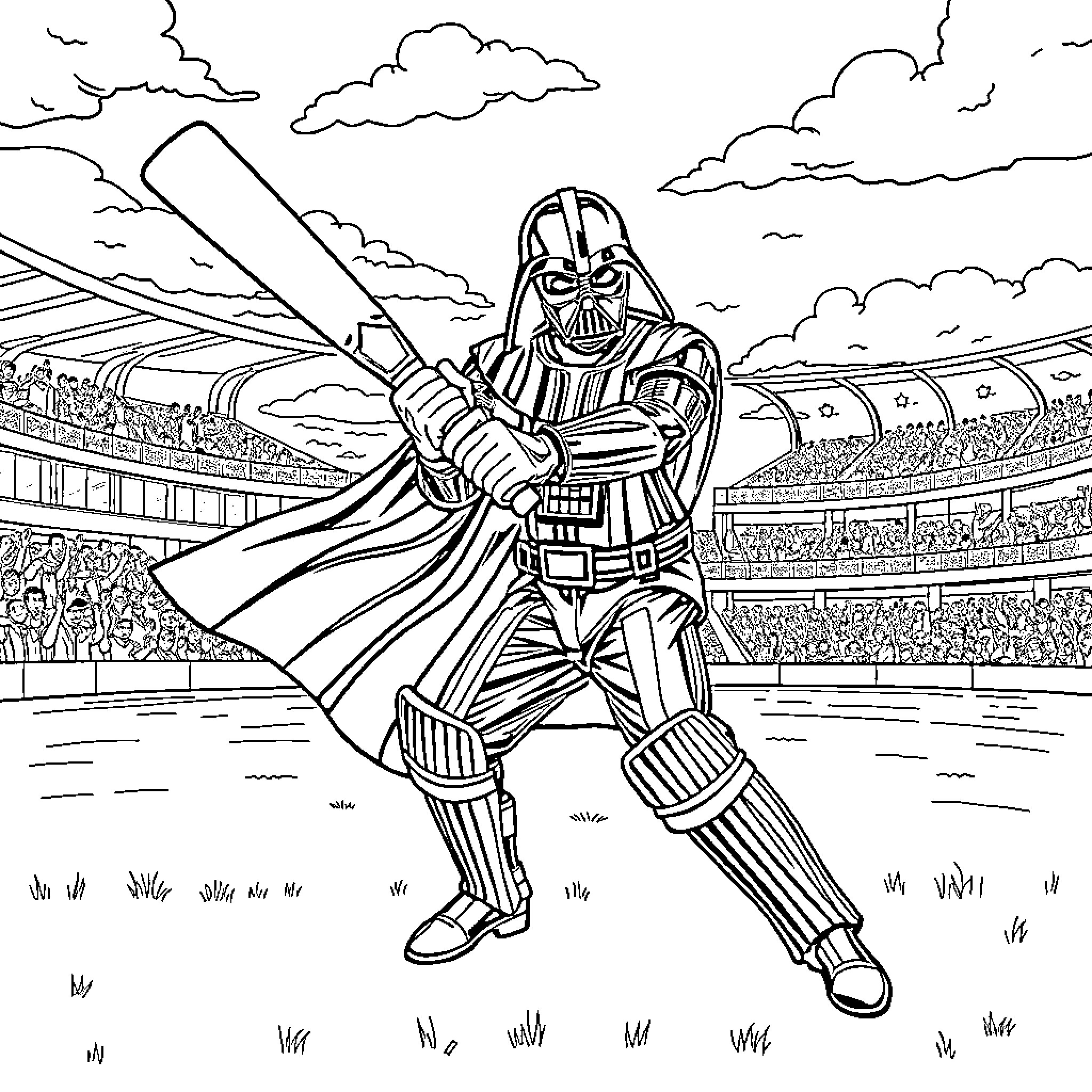 Darth Vader wielding a lightsaber in a stadium Coloring Page (free black-and-white line drawing printable PDF for all, from beginners to advanced learners, including children, teens, adults, and seniors)