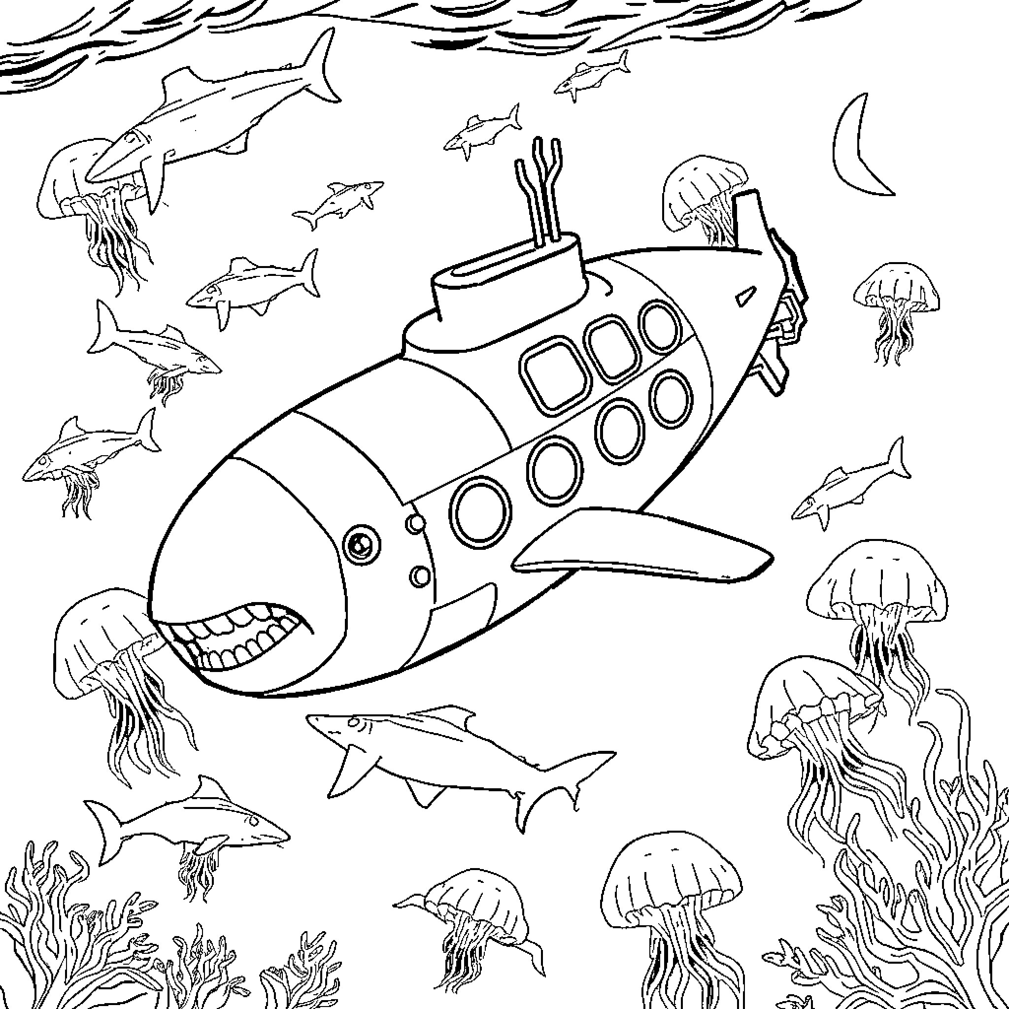 Submarine adventure with marine creatures Coloring Page (free black-and-white line drawing printable PDF for all, from beginners to advanced learners, including children, teens, adults, and seniors)