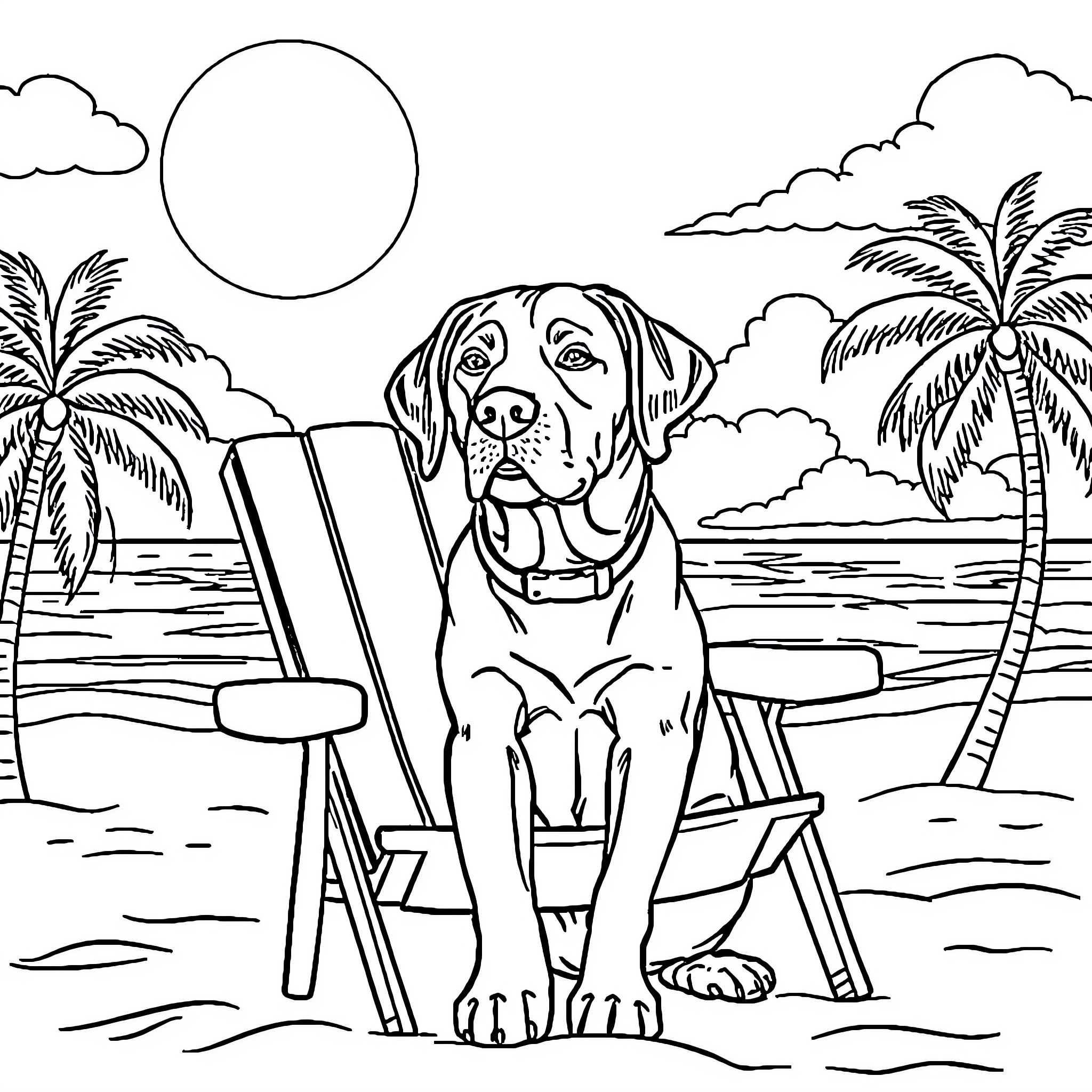 Labrador relaxing on the beach chair Coloring Page (free black-and-white line drawing printable PDF for all, from beginners to advanced learners, including children, teens, adults, and seniors)