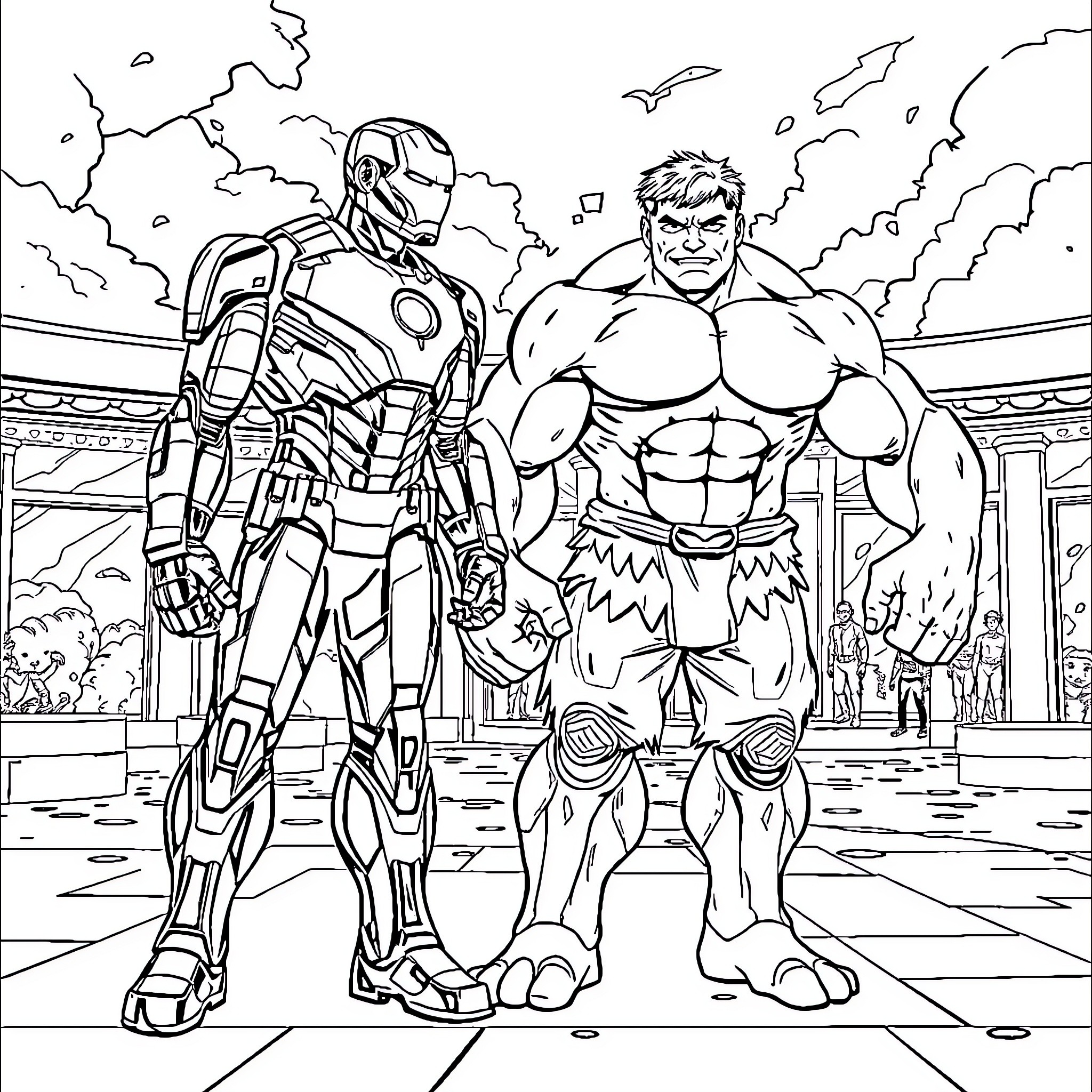 Ironman and Hulk facing off in epic battle Coloring Page (free black-and-white line drawing printable PDF for all, from beginners to advanced learners, including children, teens, adults, and seniors)