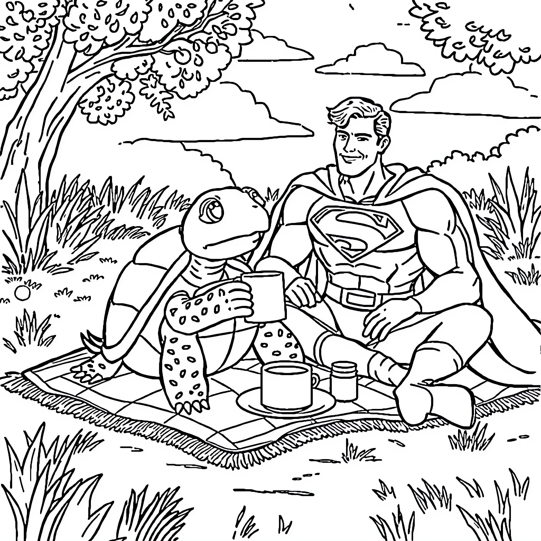 Turtle enjoying a picnic with a superhero Coloring Page (free black-and-white line drawing printable PDF for all, from beginners to advanced learners, including children, teens, adults, and seniors)