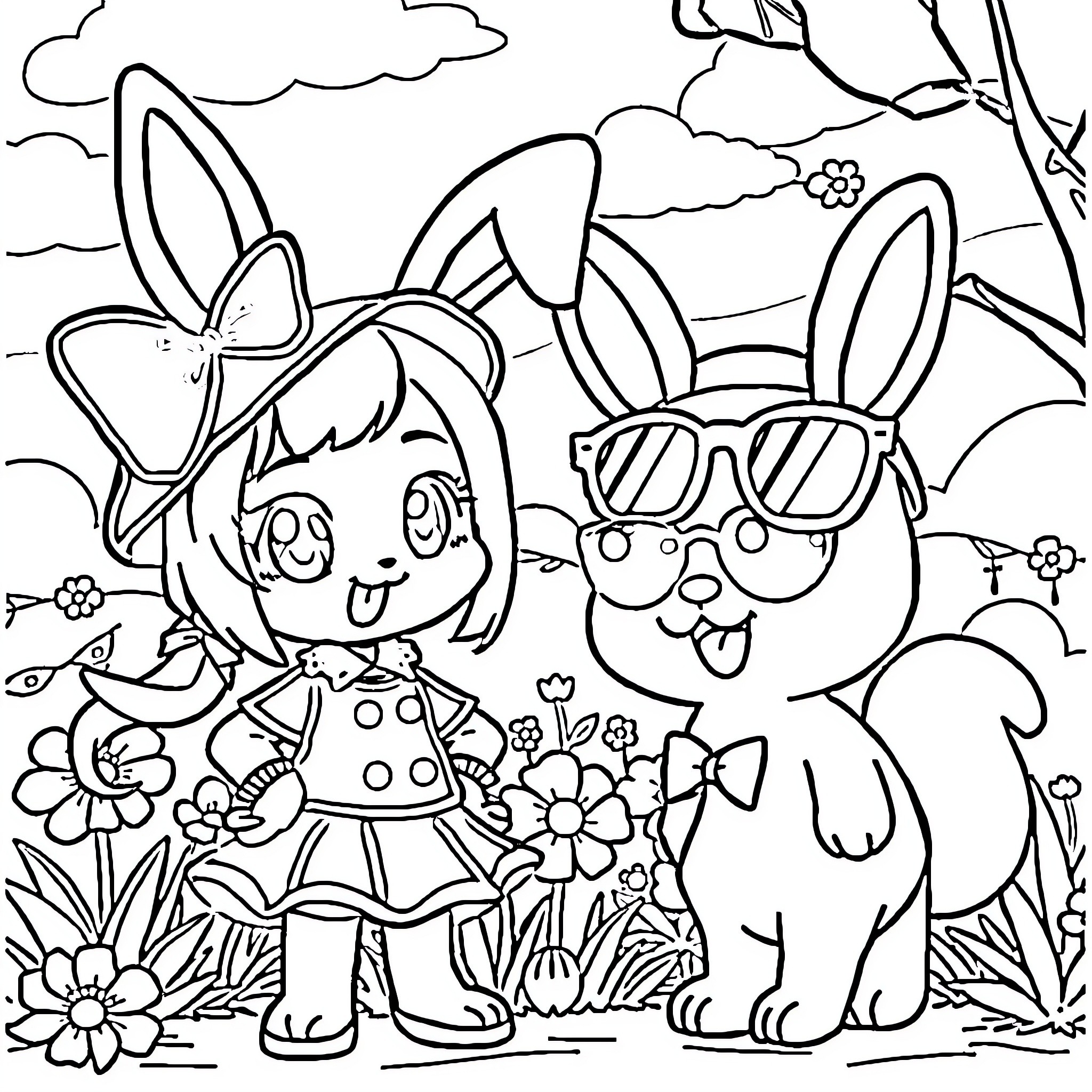 Kuromi and her bunny friend in a flowery meadow Coloring Page (free black-and-white line drawing printable PDF for all, from beginners to advanced learners, including children, teens, adults, and seniors)