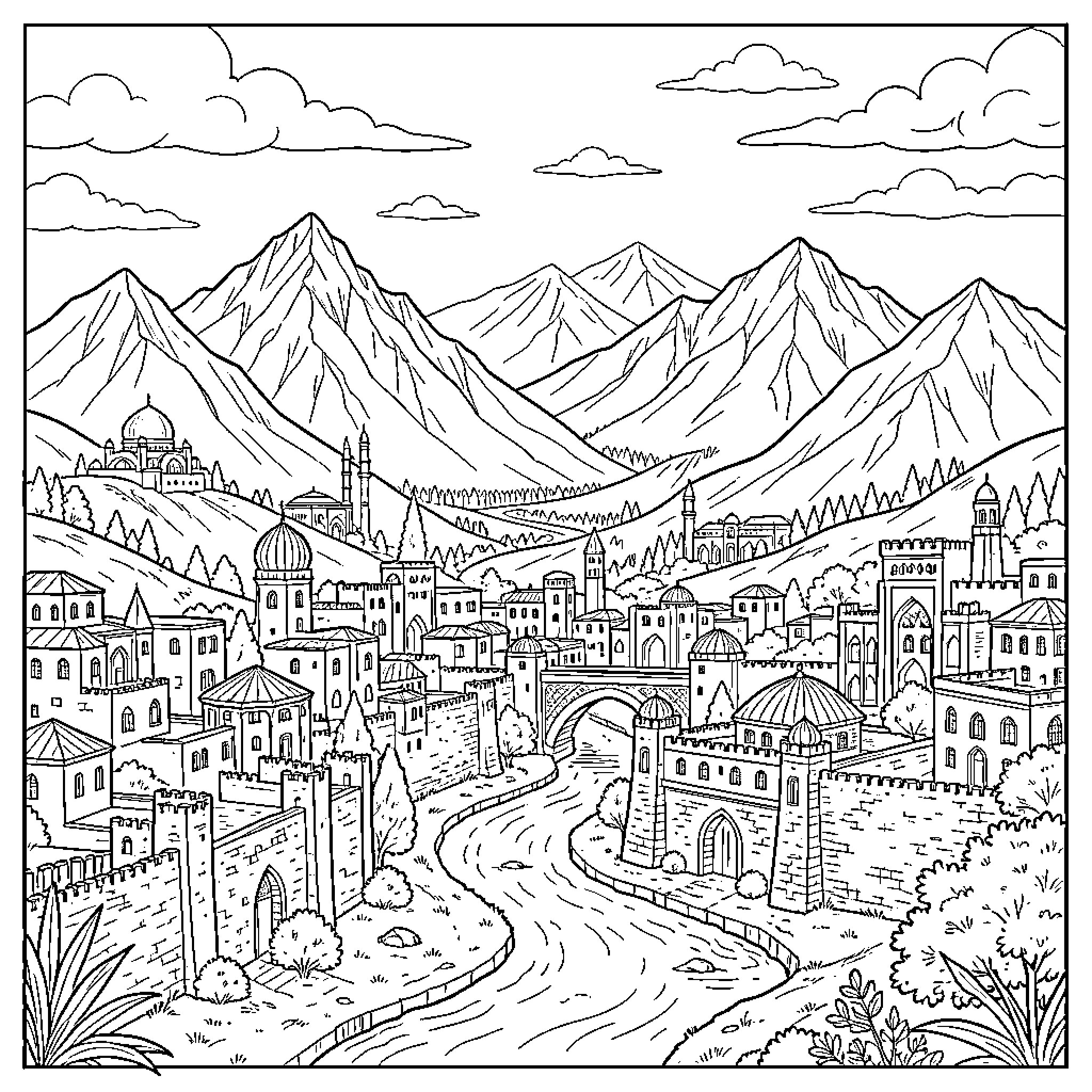 Iran's Majestic Mountain Landscape and Historic City Coloring Page (free black-and-white line drawing printable PDF for all, from beginners to advanced learners, including children, teens, adults, and seniors)
