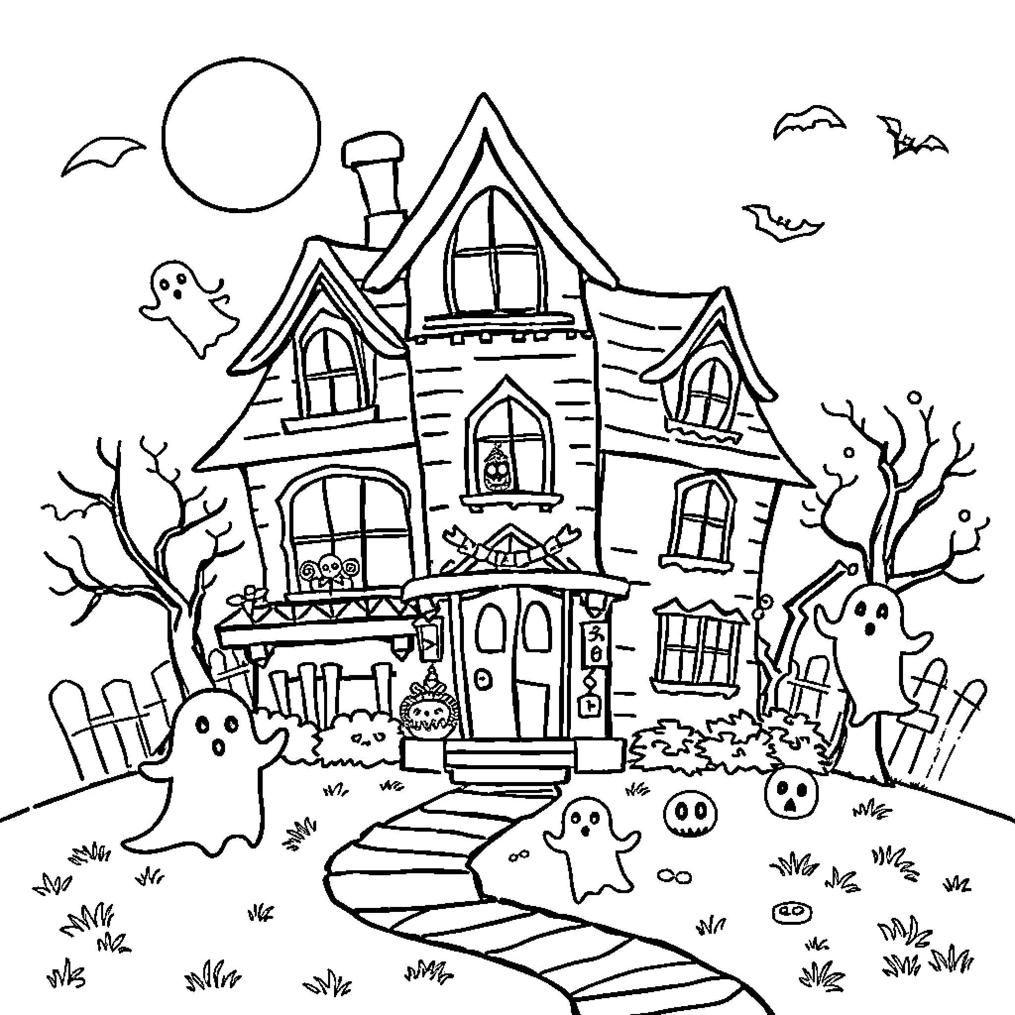 Haunted House with Ghosts and Bats on Halloween Night Coloring Page (free black-and-white line drawing printable PDF for all, from beginners to advanced learners, including children, teens, adults, and seniors)