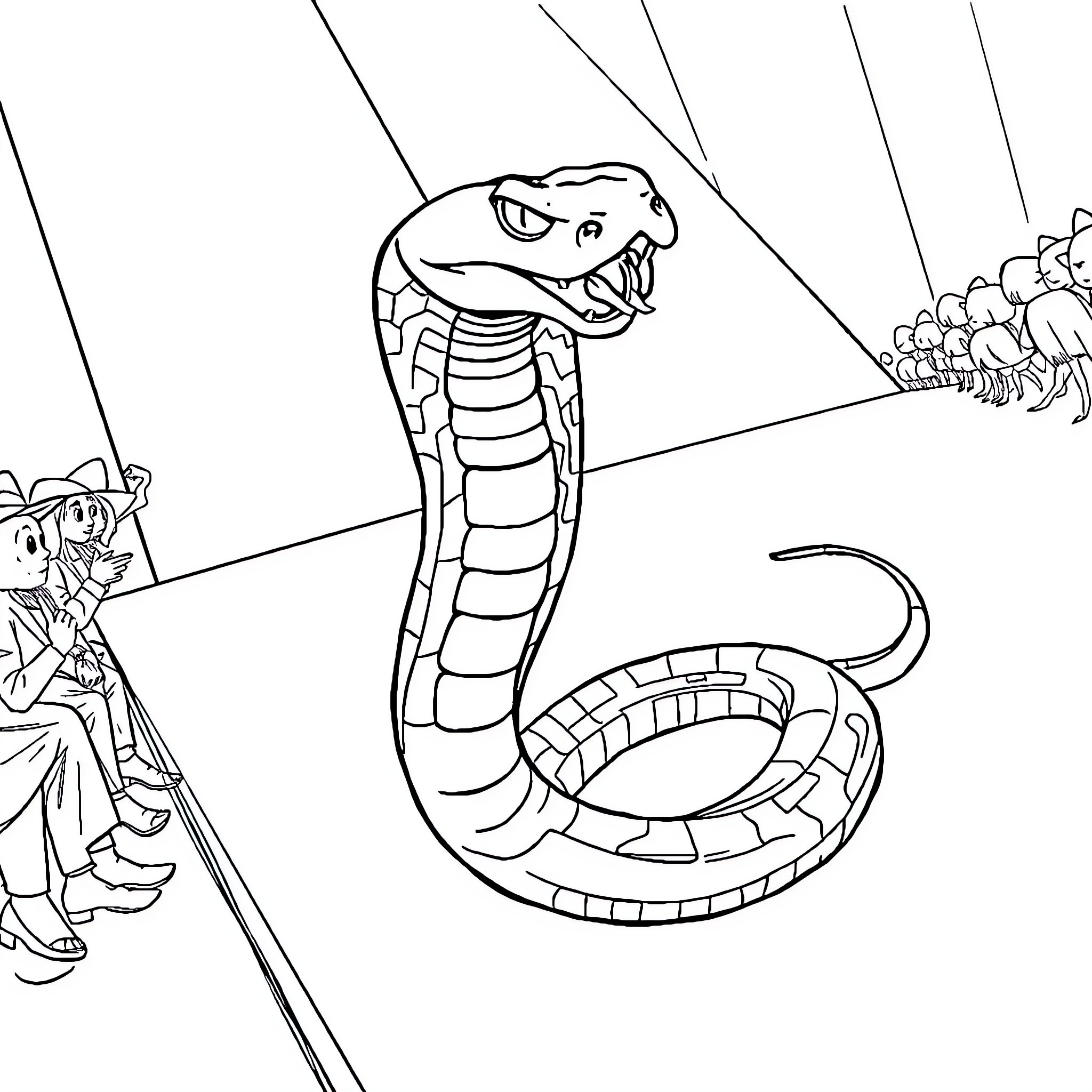 Snake confronting characters in a scene Coloring Page (free black-and-white line drawing printable PDF for all, from beginners to advanced learners, including children, teens, adults, and seniors)
