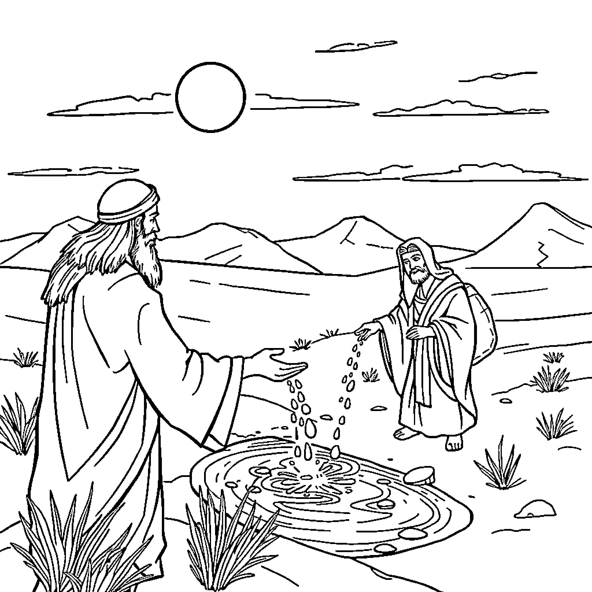 God's Disciples Encounter Divine Presence in the Wilderness Coloring Page (free black-and-white line drawing printable PDF for all, from beginners to advanced learners, including children, teens, adults, and seniors)