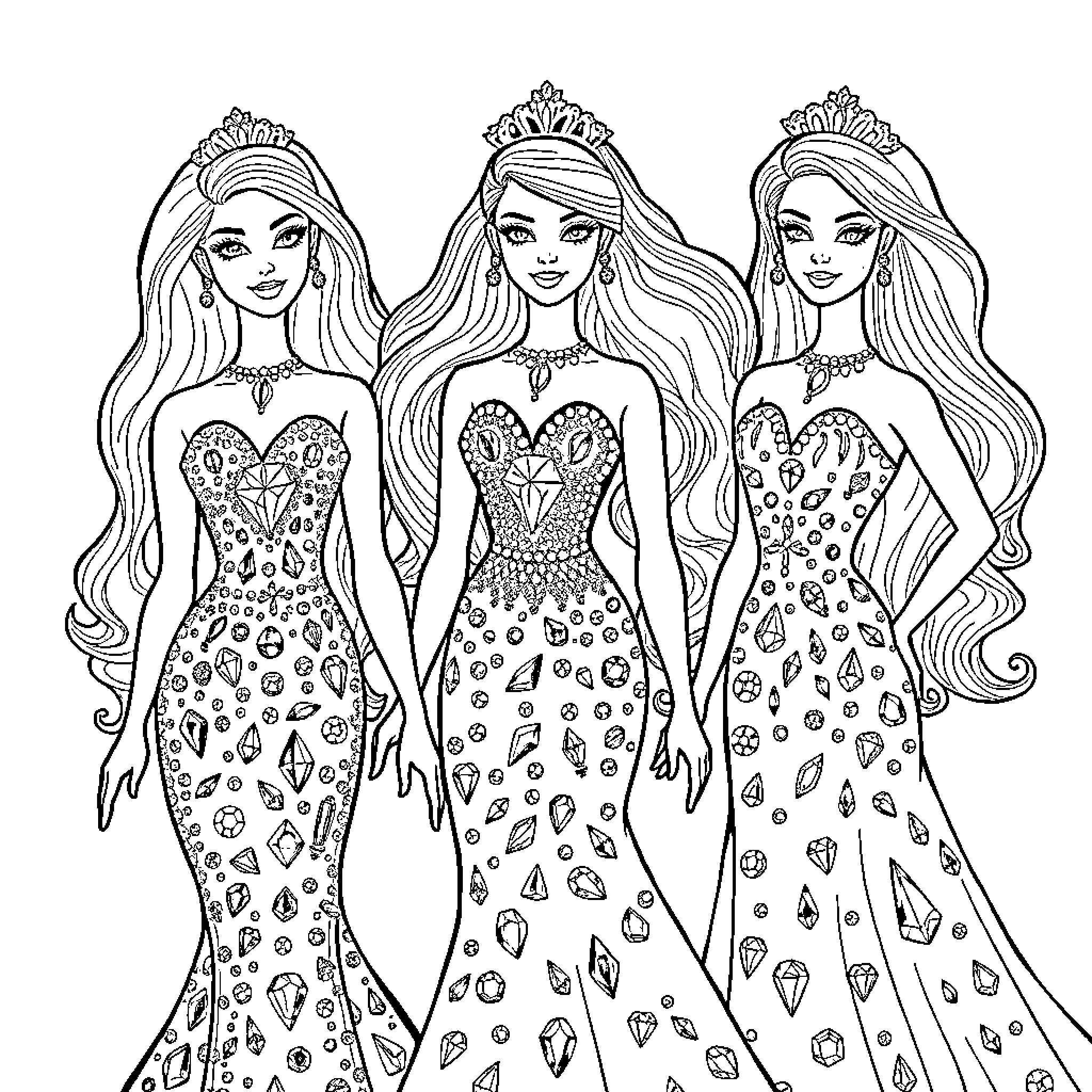 Barbie dolls dressed in sparkly gowns with elaborate hairstyles Coloring Page (free black-and-white line drawing printable PDF for all, from beginners to advanced learners, including children, teens, adults, and seniors)