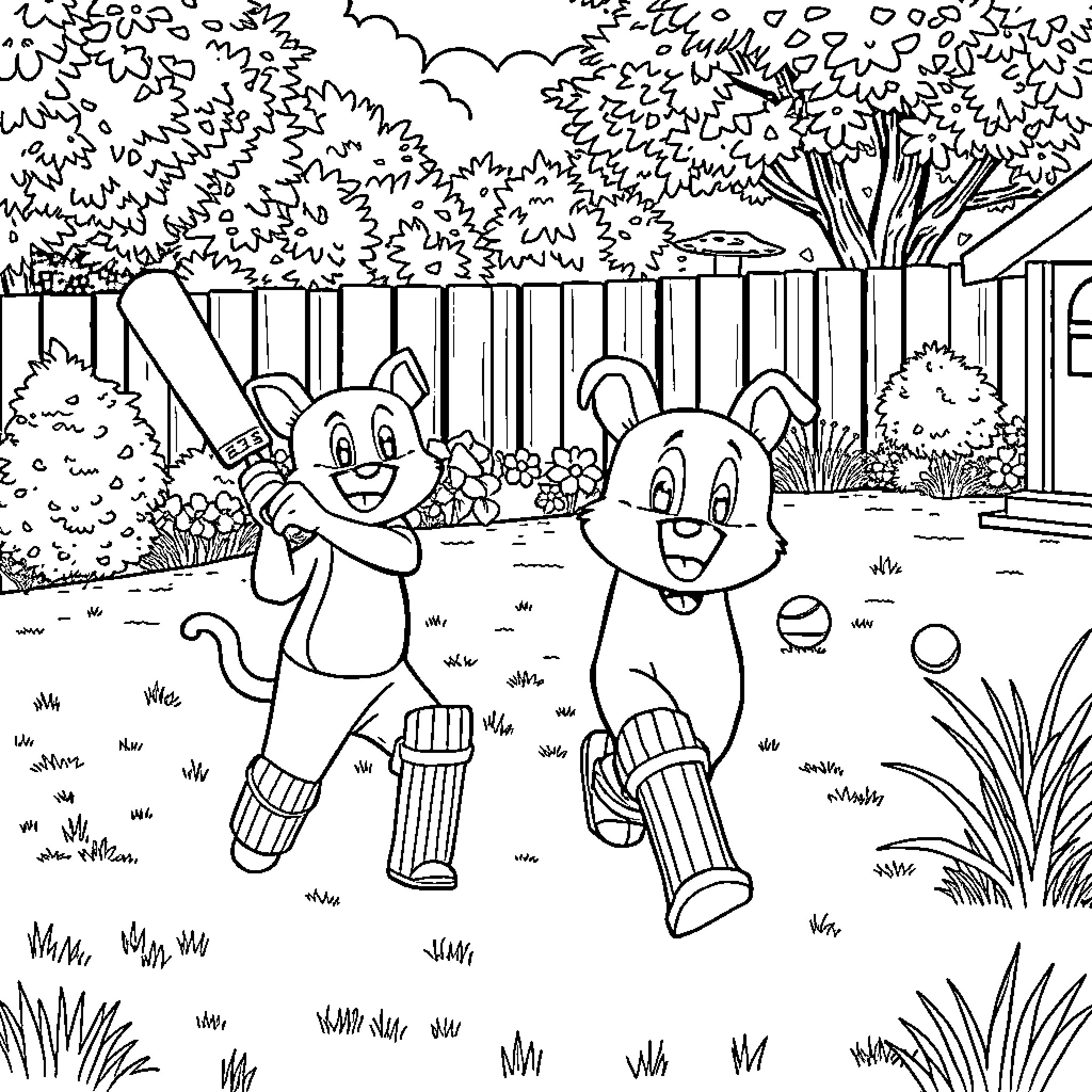Bluey and Friends Enjoying Playtime Outdoors Coloring Page (free black-and-white line drawing printable PDF for all, from beginners to advanced learners, including children, teens, adults, and seniors)