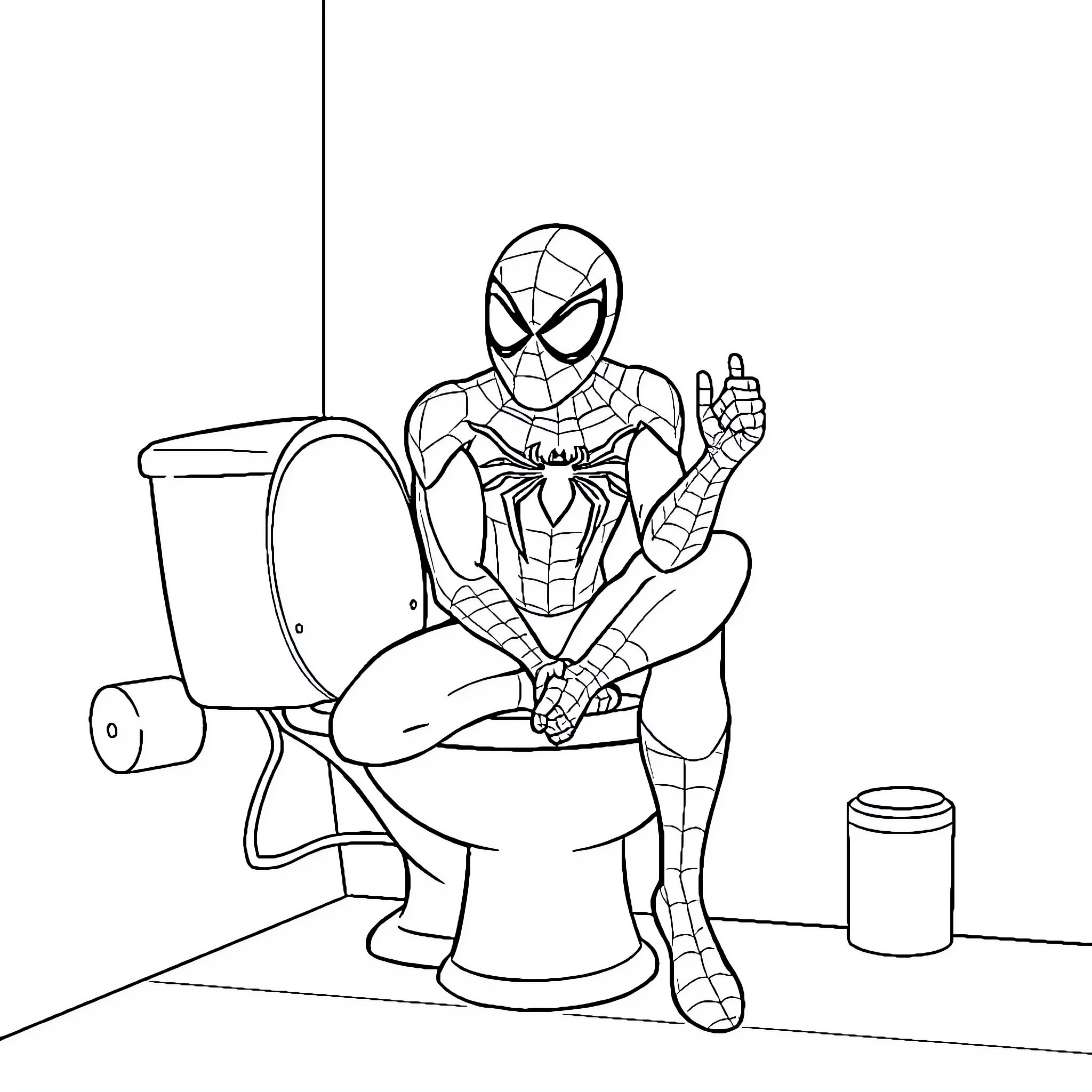 Spiderman sitting on toilet with toilet paper Coloring Page (free black-and-white line drawing printable PDF for all, from beginners to advanced learners, including children, teens, adults, and seniors)