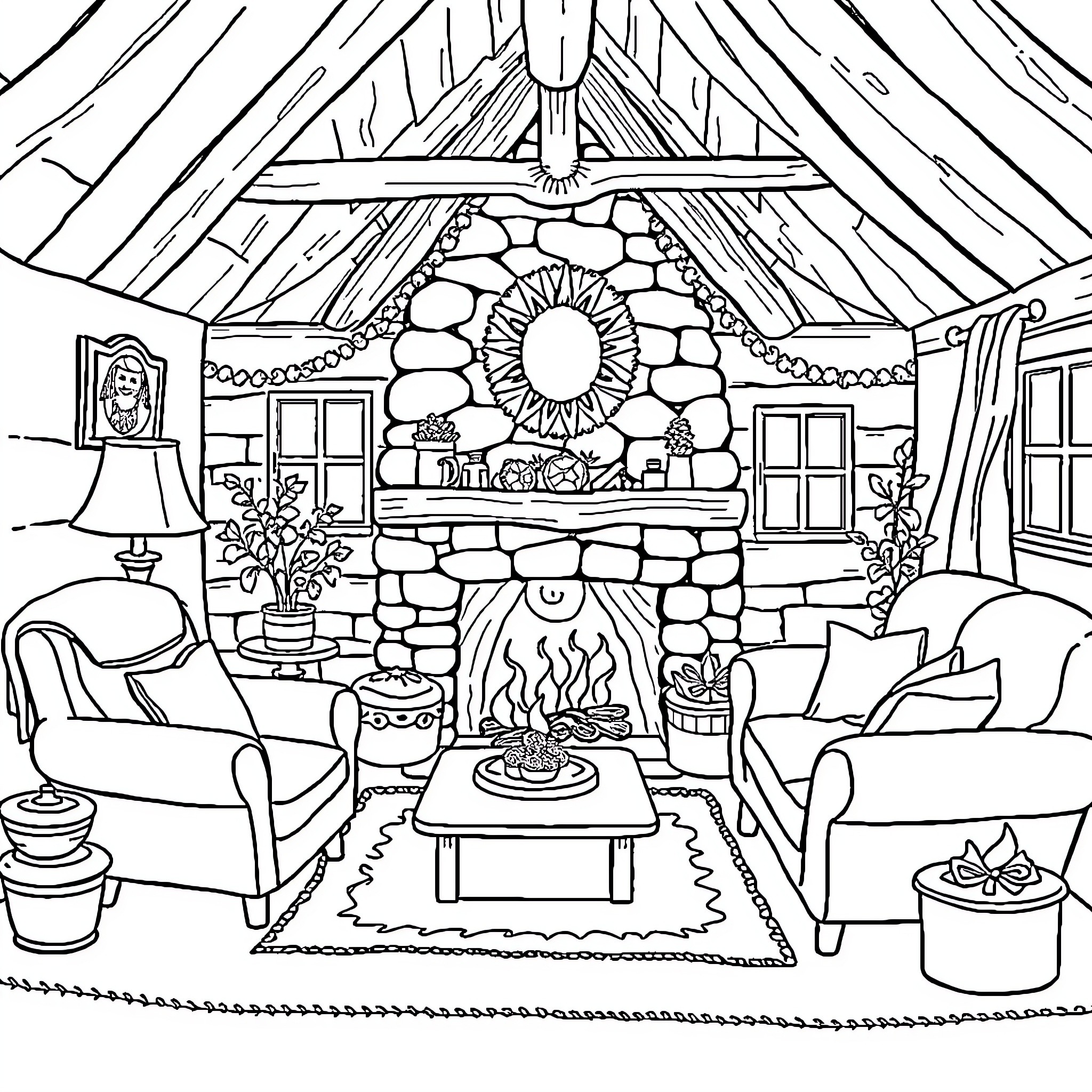 Cottage with cozy fireplace and rustic decor Coloring Page (free black-and-white line drawing printable PDF for all, from beginners to advanced learners, including children, teens, adults, and seniors)