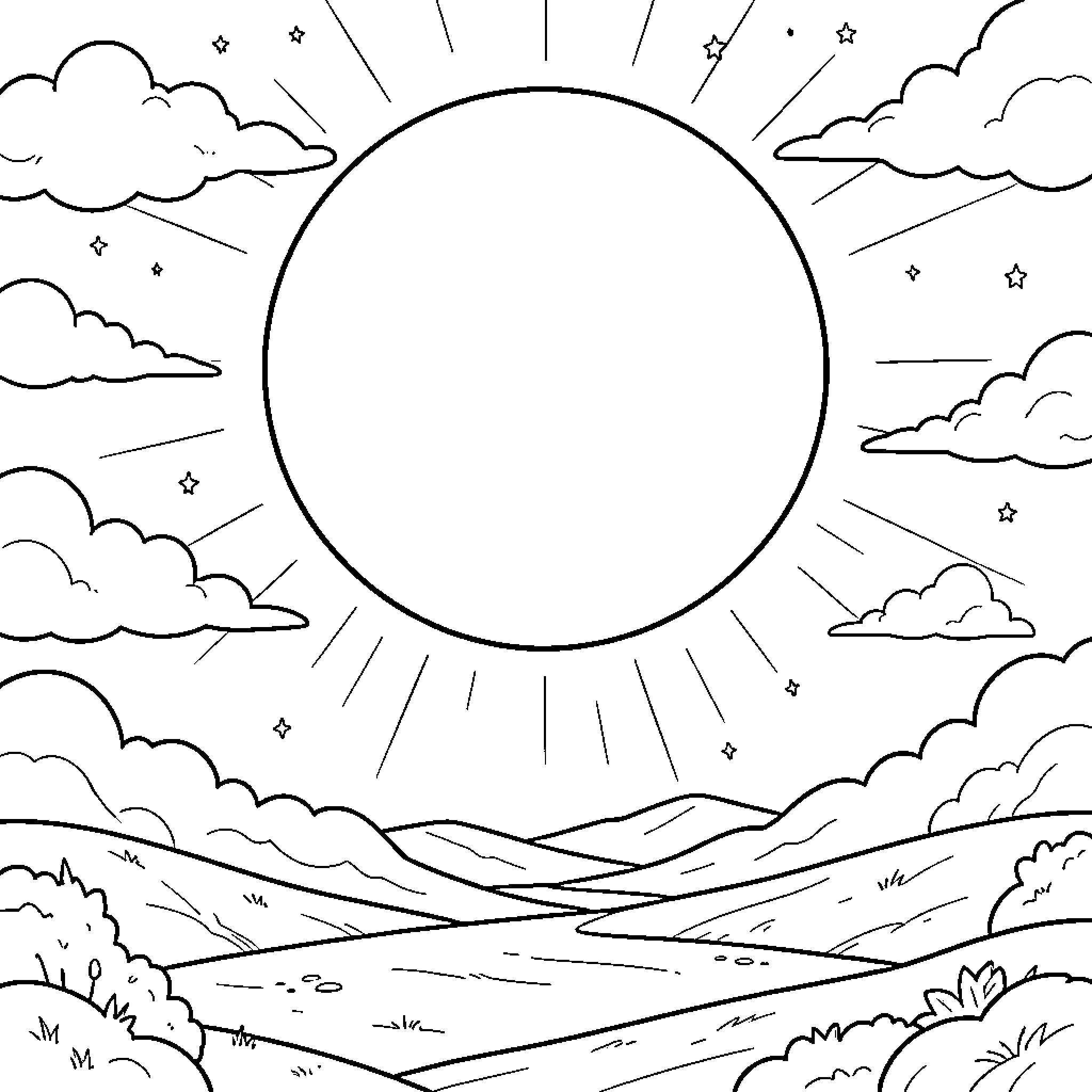 Sun shining brightly over a peaceful landscape Coloring Page (free black-and-white line drawing printable PDF for all, from beginners to advanced learners, including children, teens, adults, and seniors)