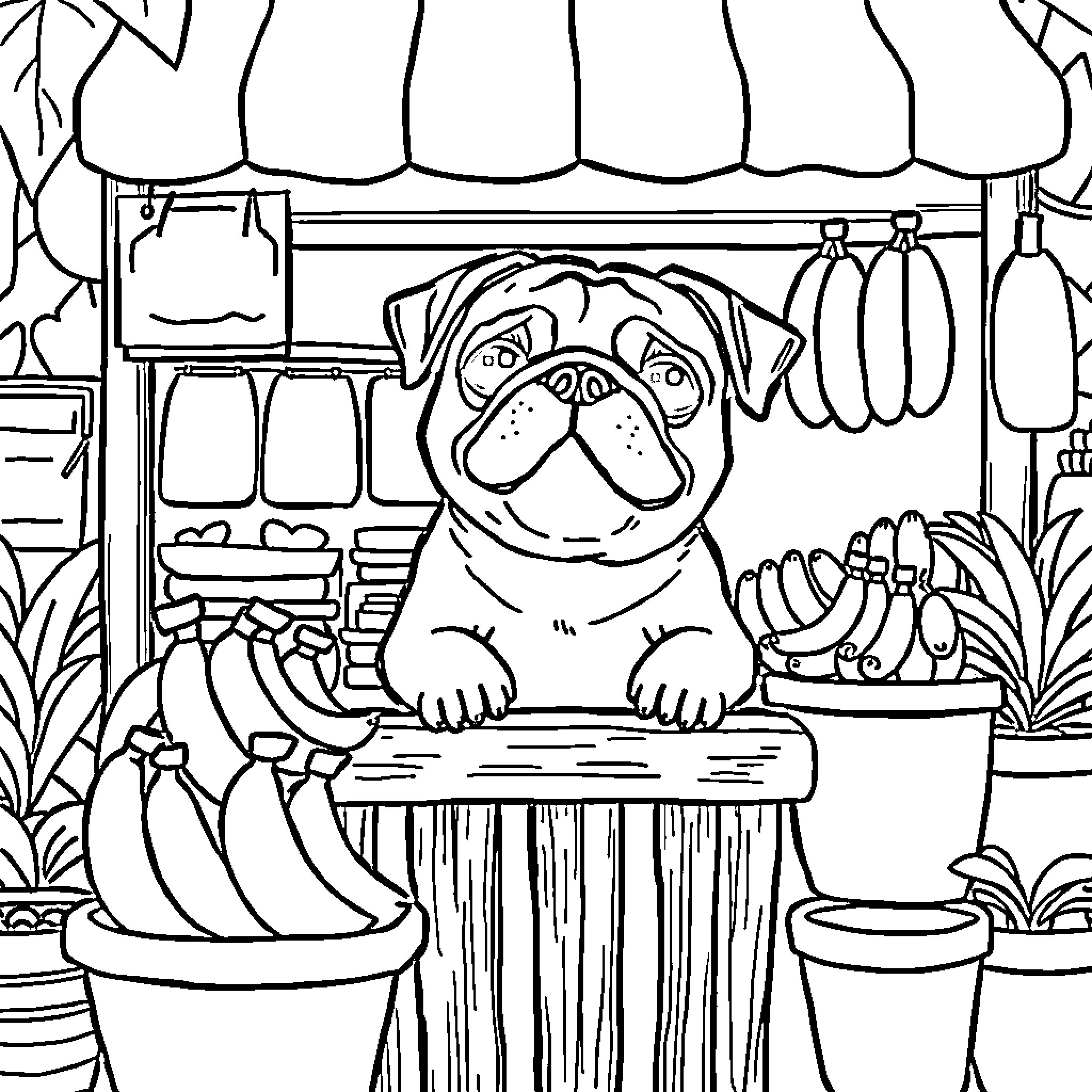 Pug relaxing in a cozy market stall Coloring Page (free black-and-white line drawing printable PDF for all, from beginners to advanced learners, including children, teens, adults, and seniors)