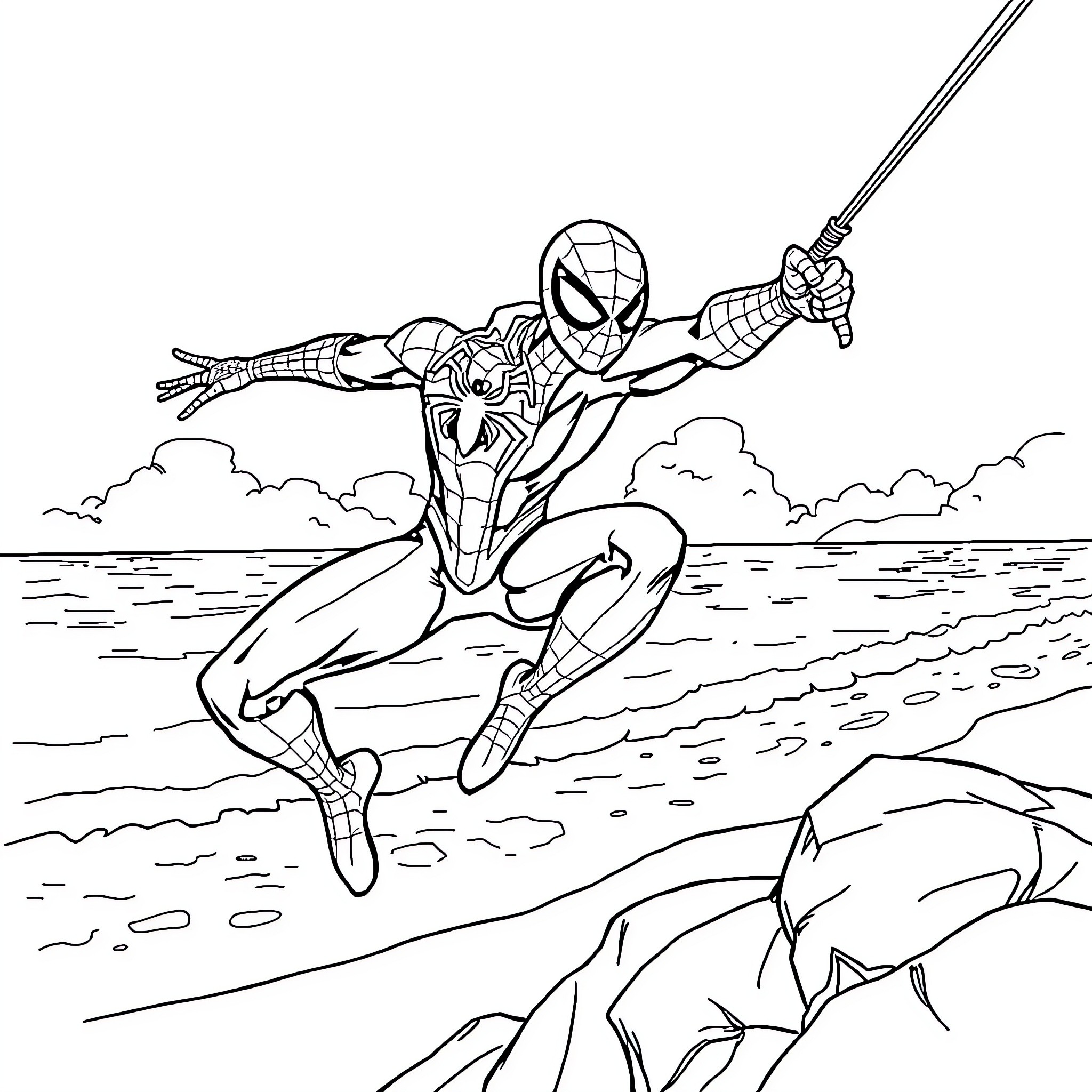 Spiderman swinging heroically through the city Coloring Page (free black-and-white line drawing printable PDF for all, from beginners to advanced learners, including children, teens, adults, and seniors)