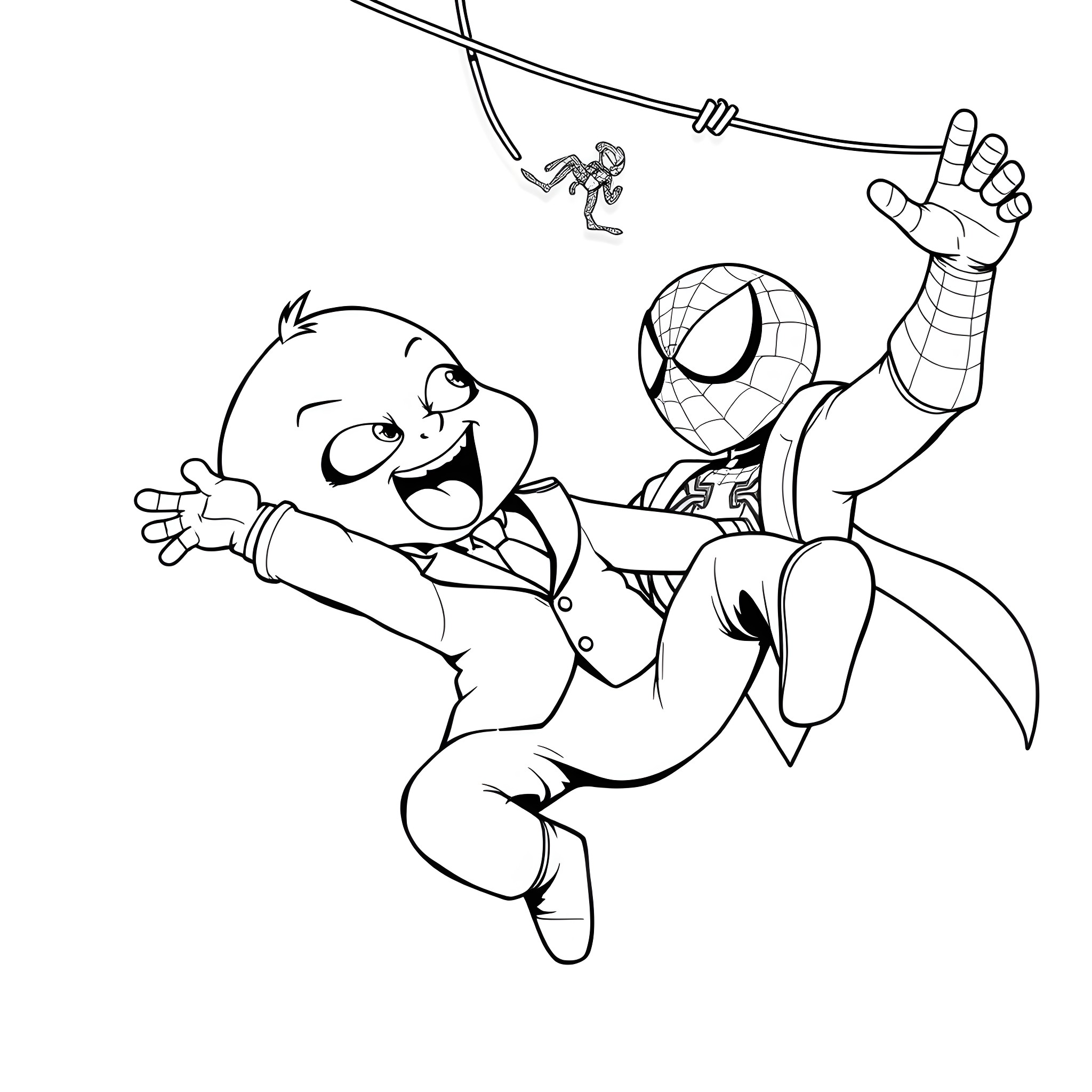 Boss Baby and Spider-Man in Comical Adventure Coloring Page (free black-and-white line drawing printable PDF for all, from beginners to advanced learners, including children, teens, adults, and seniors)
