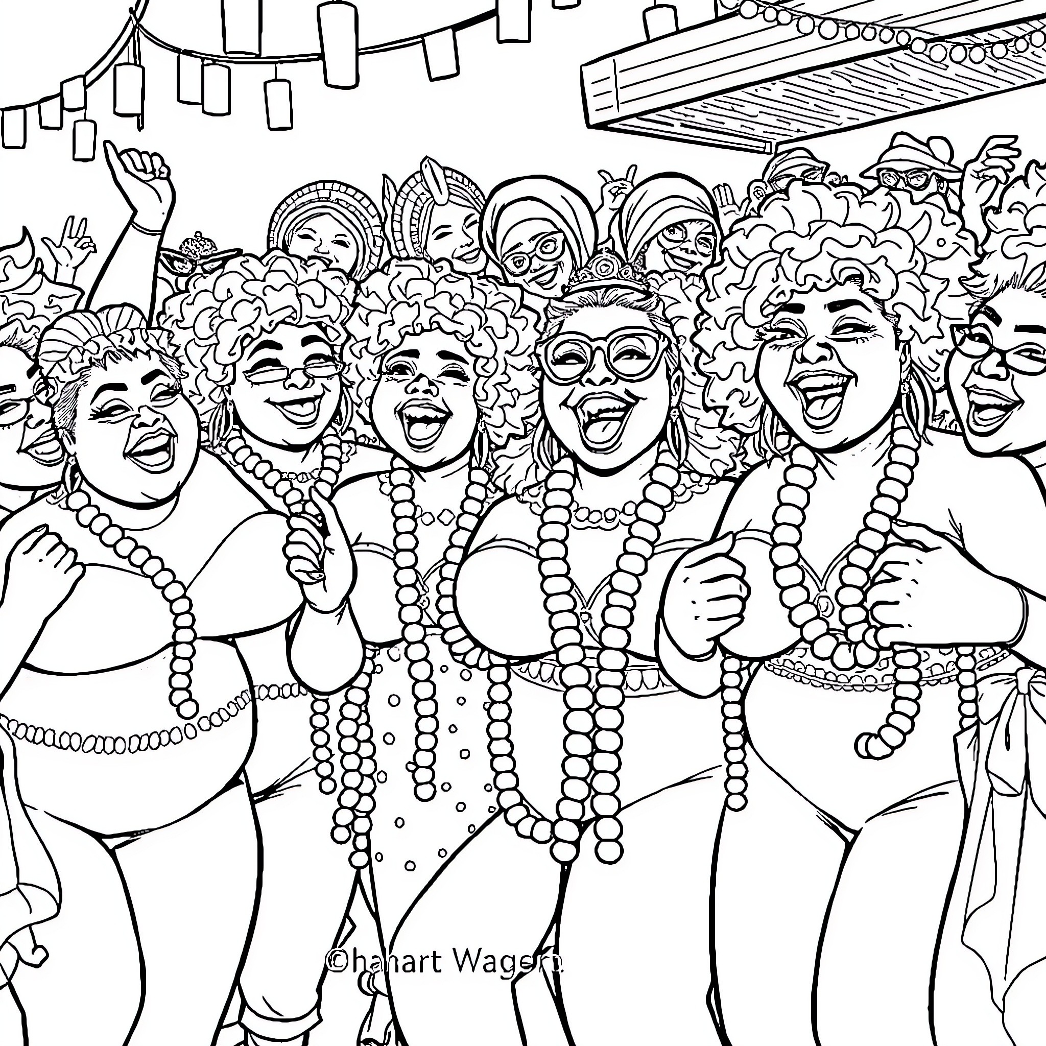 Woman celebrating with a lively group at a festival Coloring Page (free black-and-white line drawing printable PDF for all, from beginners to advanced learners, including children, teens, adults, and seniors)
