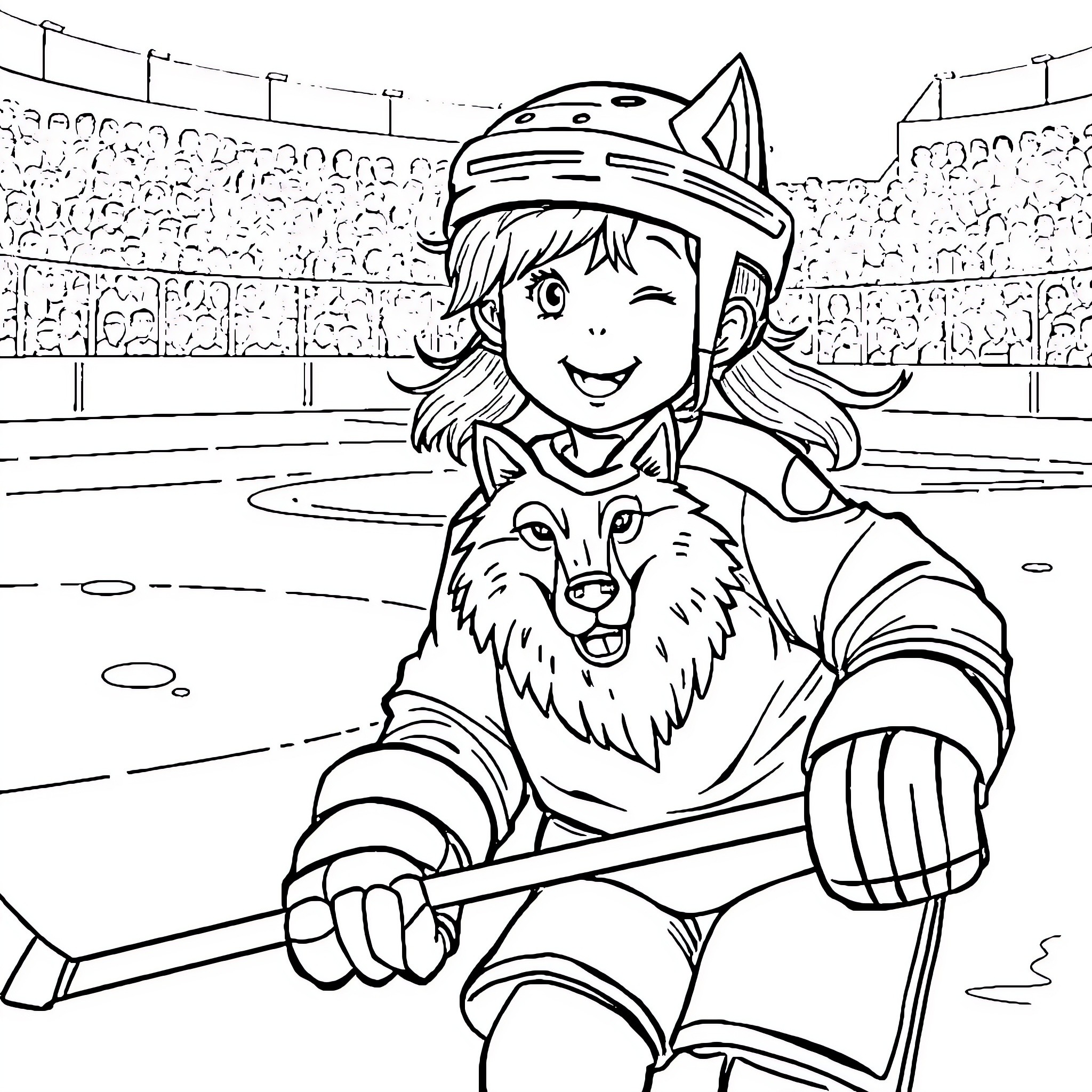 Girl Smiling Confidently with Her Dog on Baseball Field Coloring Page (free black-and-white line drawing printable PDF for all, from beginners to advanced learners, including children, teens, adults, and seniors)