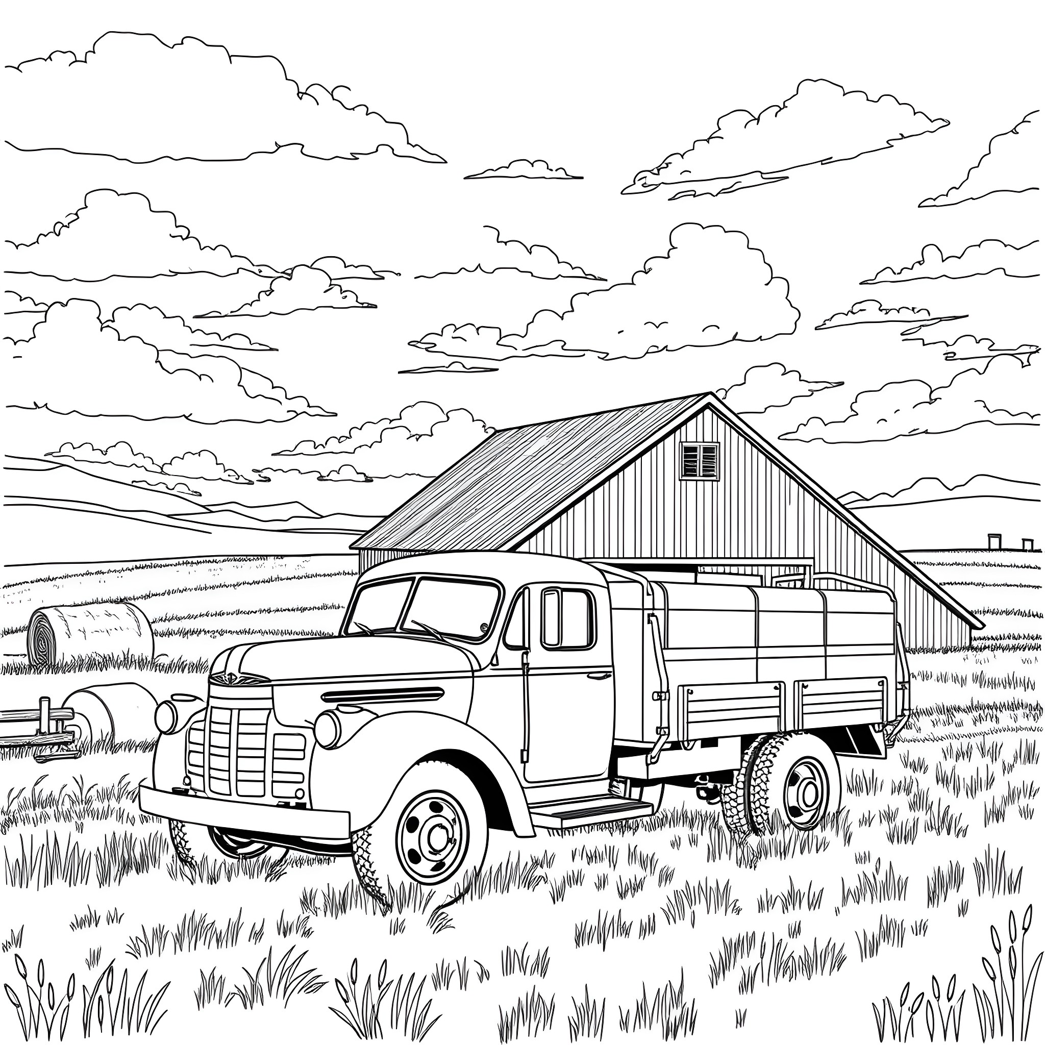 Pickup truck in the countryside with barn Coloring Page (free black-and-white line drawing printable PDF for all, from beginners to advanced learners, including children, teens, adults, and seniors)