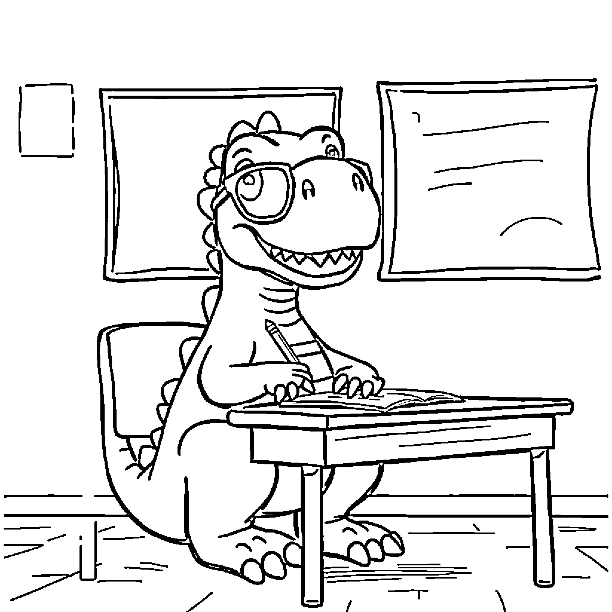Dinosaur studying at desk in classroom Coloring Page (free black-and-white line drawing printable PDF for all, from beginners to advanced learners, including children, teens, adults, and seniors)