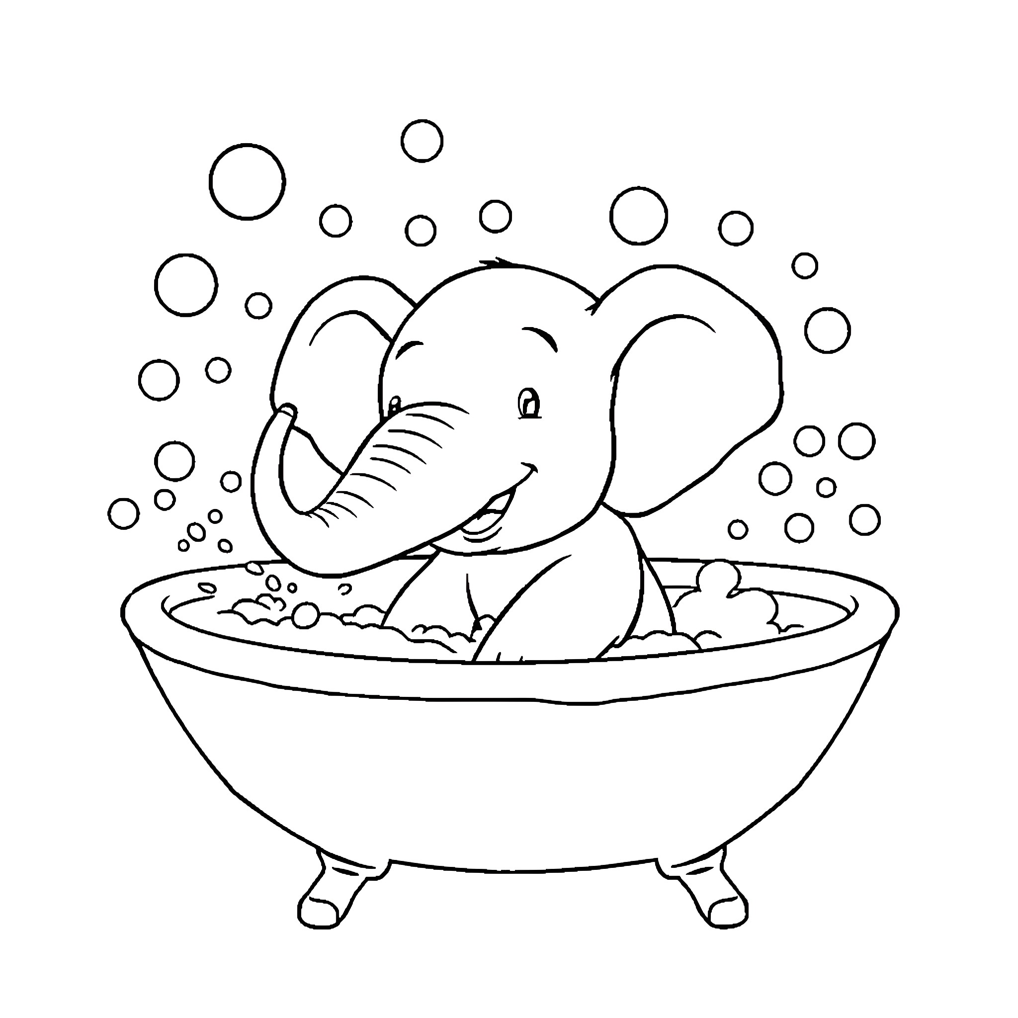 Elephant enjoying a bubble bath Coloring Page (free black-and-white line drawing printable PDF for all, from beginners to advanced learners, including children, teens, adults, and seniors)