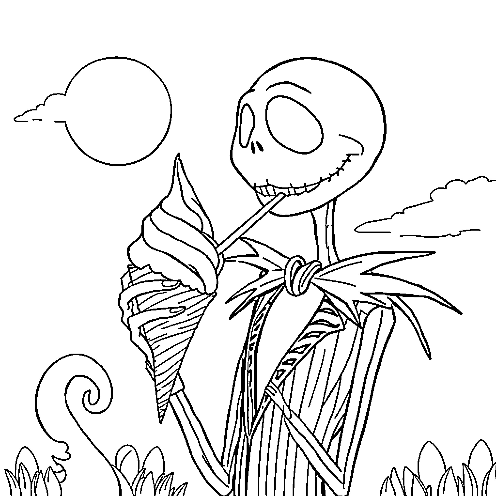 Jack Skellington enjoying the night scene Coloring Page (free black-and-white line drawing printable PDF for all, from beginners to advanced learners, including children, teens, adults, and seniors)