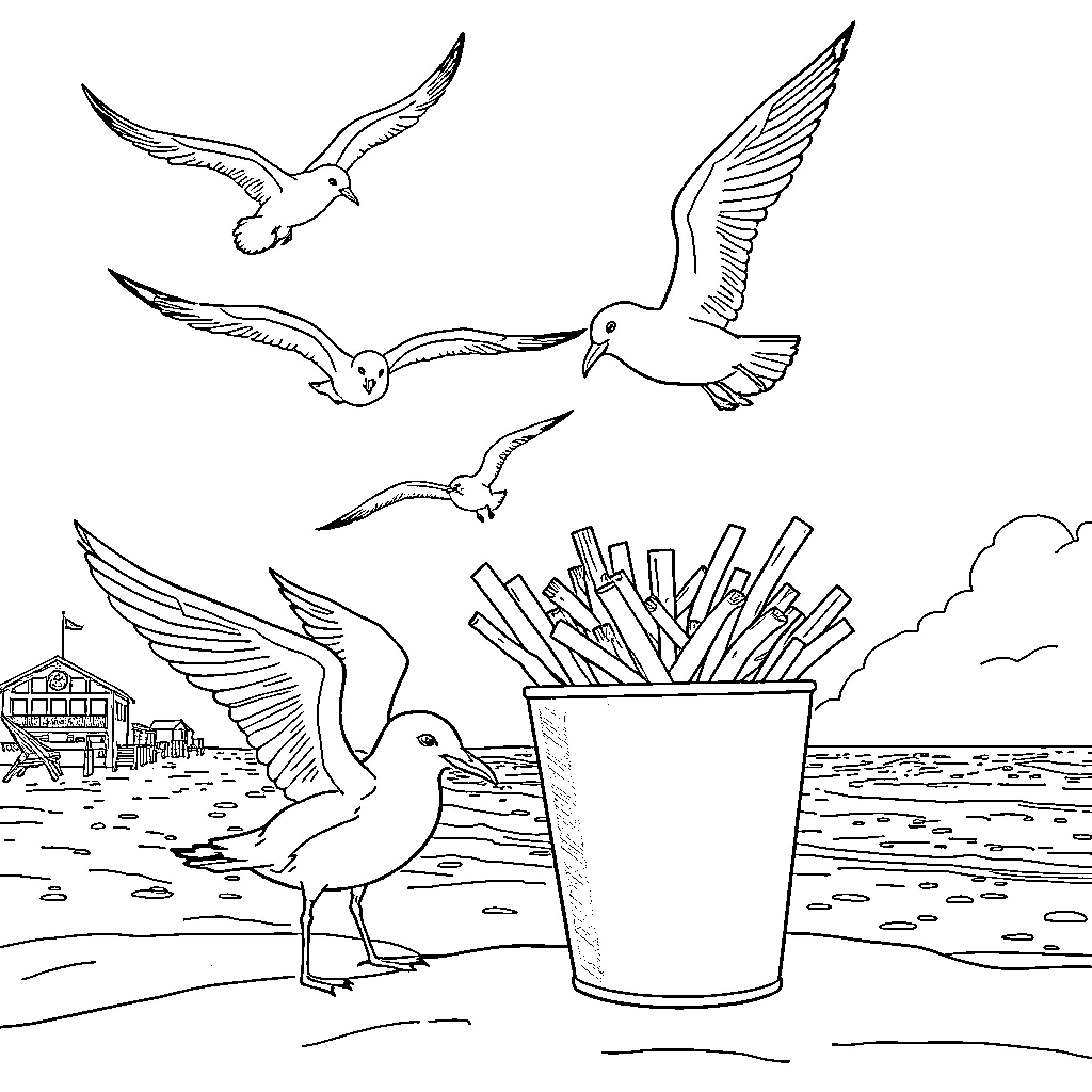Seagulls soaring over the beach scene Coloring Page (free black-and-white line drawing printable PDF for all, from beginners to advanced learners, including children, teens, adults, and seniors)