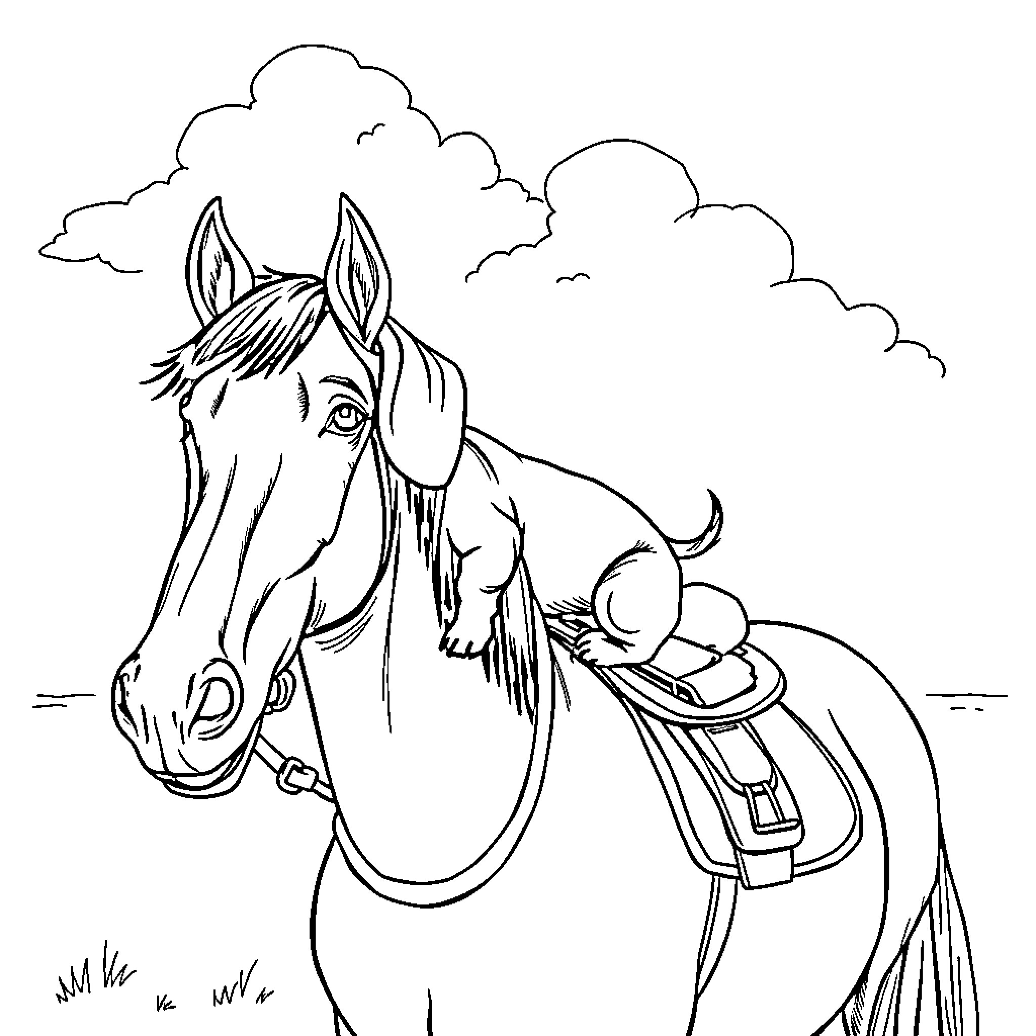 Dachshund Riding a Horse in the Park Coloring Page (free black-and-white line drawing printable PDF for all, from beginners to advanced learners, including children, teens, adults, and seniors)